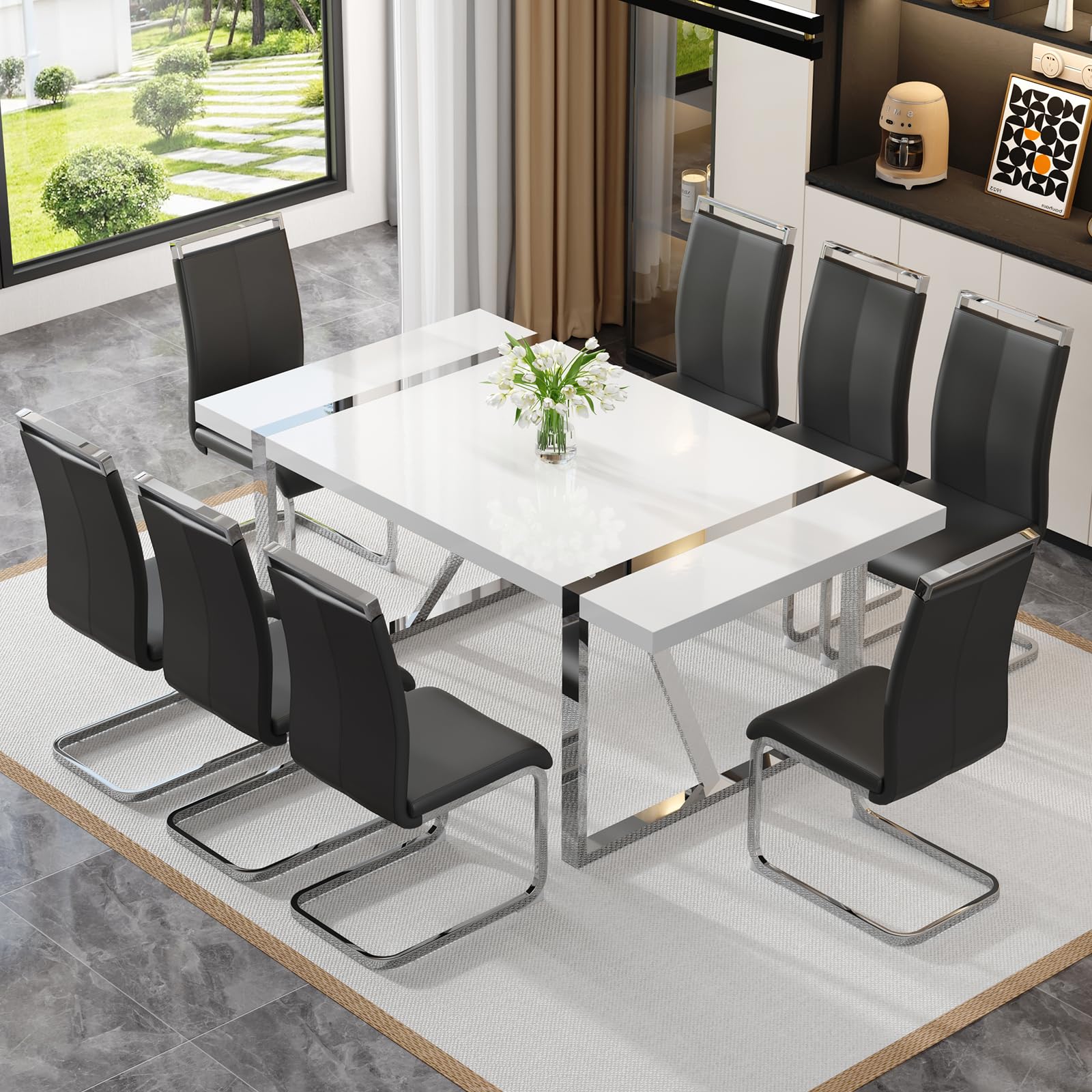 White Rectangular Mdf Dining Table Set For 8 With Leather Chairs - Modern Metal Frame Dinner Table Set For Kitchen