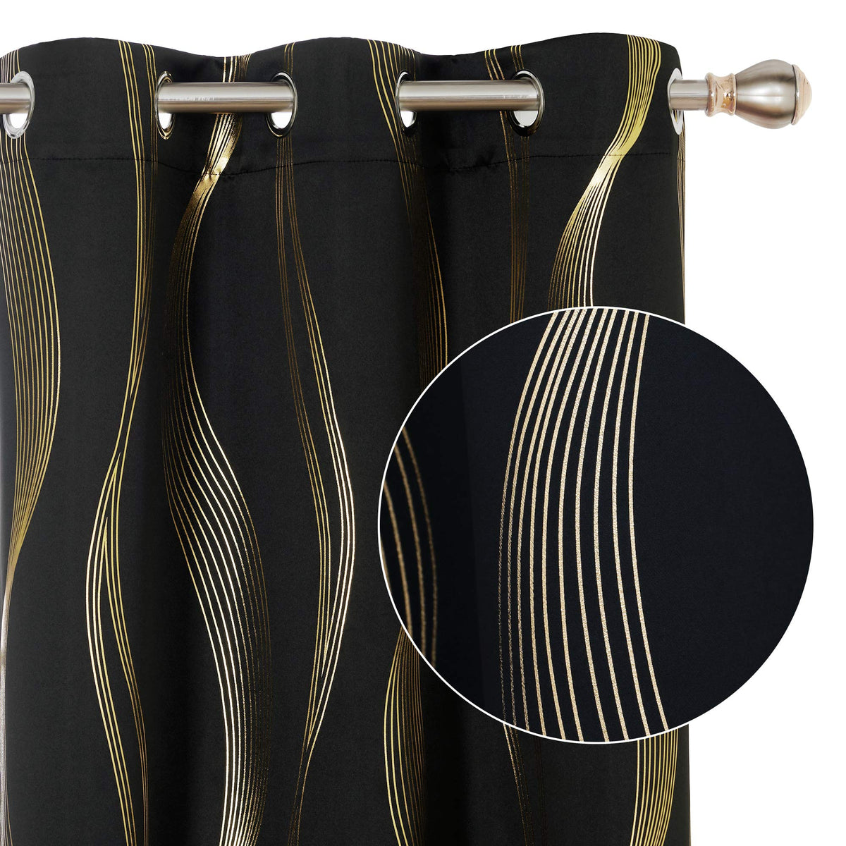 Deconovo Black Blackout Curtains, Wave Striped Foil Golden Print Room Darkening Living Room Curtains, 2 Panels, 42X45 Inch