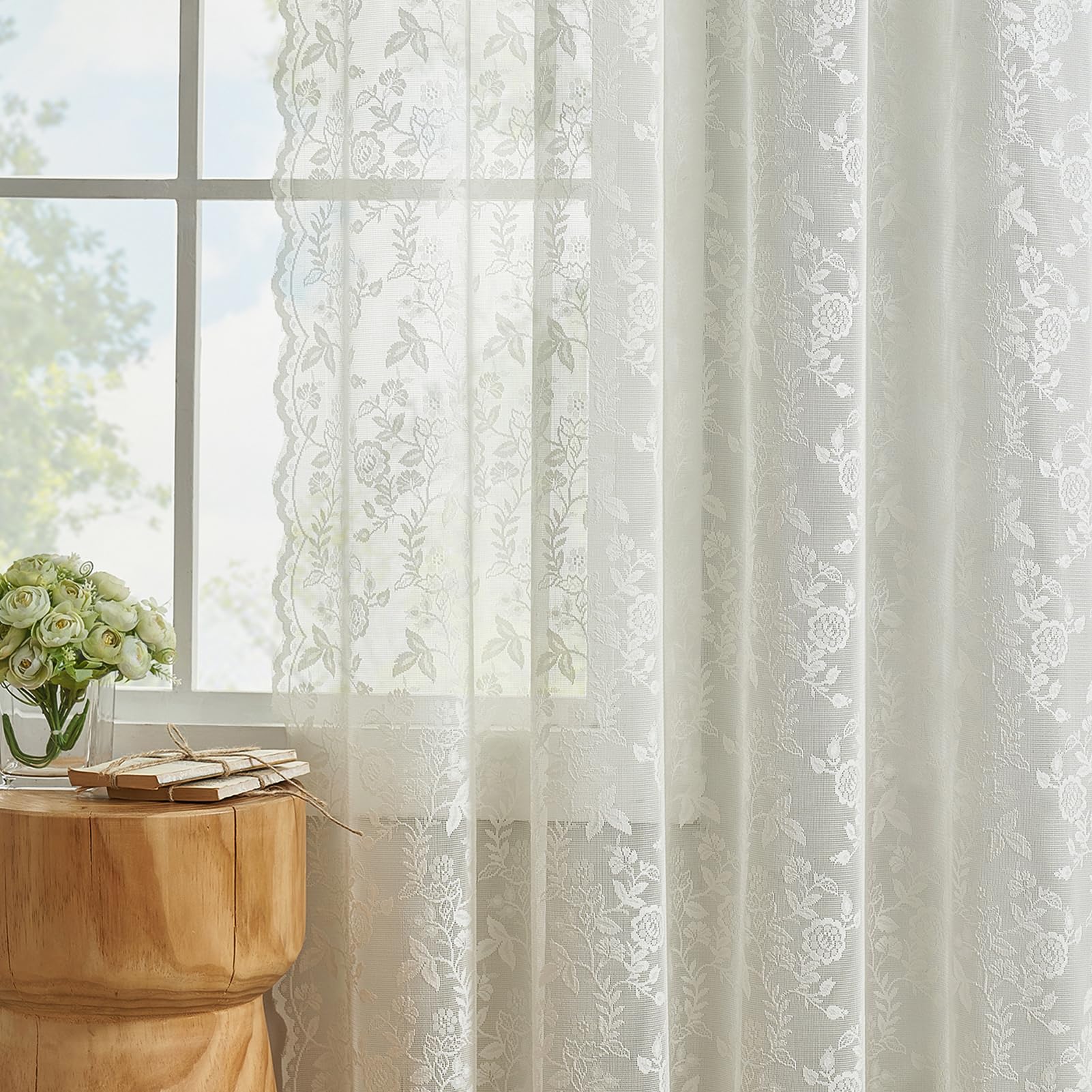 Finecity Lace Curtains 80 Inches Long 2 Panels Set Rustic Leaf Floral Knitted Vintage Lace Curtains For Bedroom Living Room Rod
