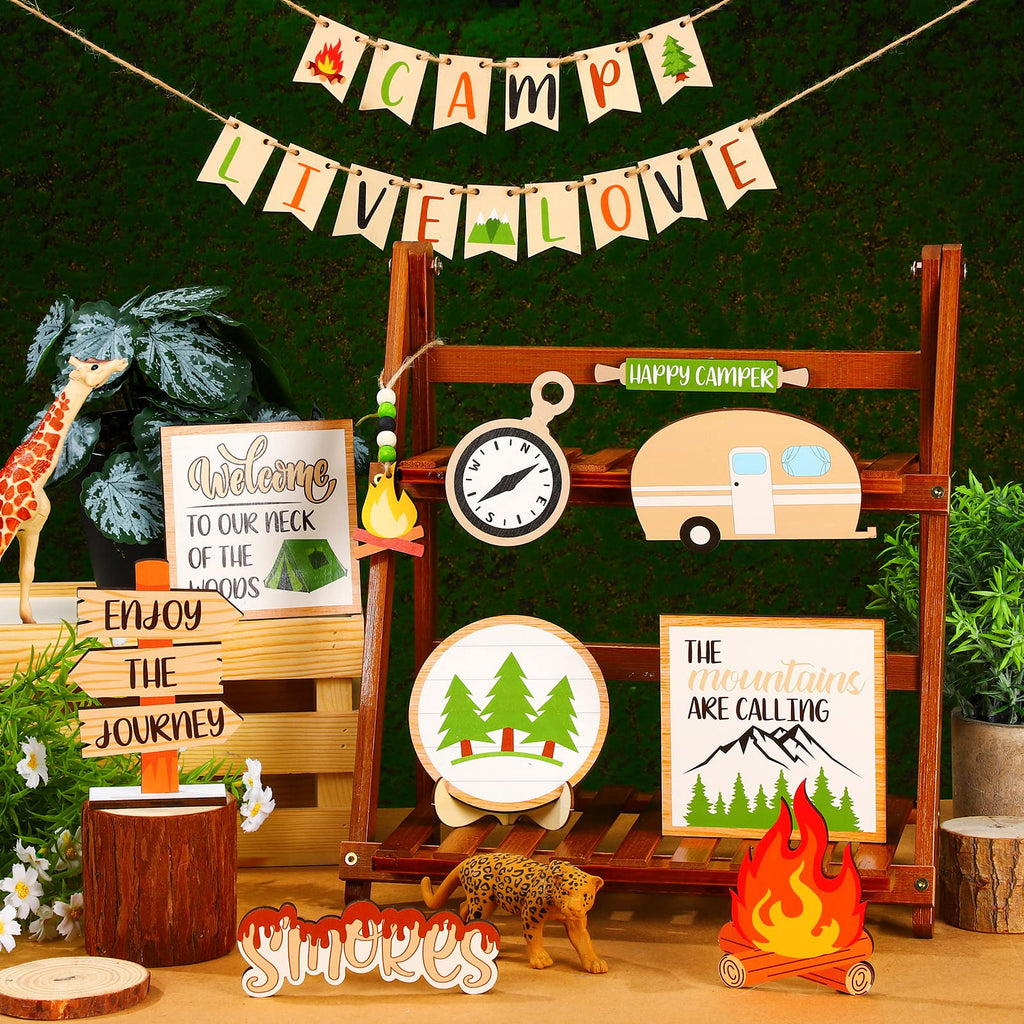 25 Pcs Camping Tiered Tray Decor Set Farmhouse Smores Tiered Tray Wood Sign Decor Camping Party Decorations Campfire Barbecue Ce