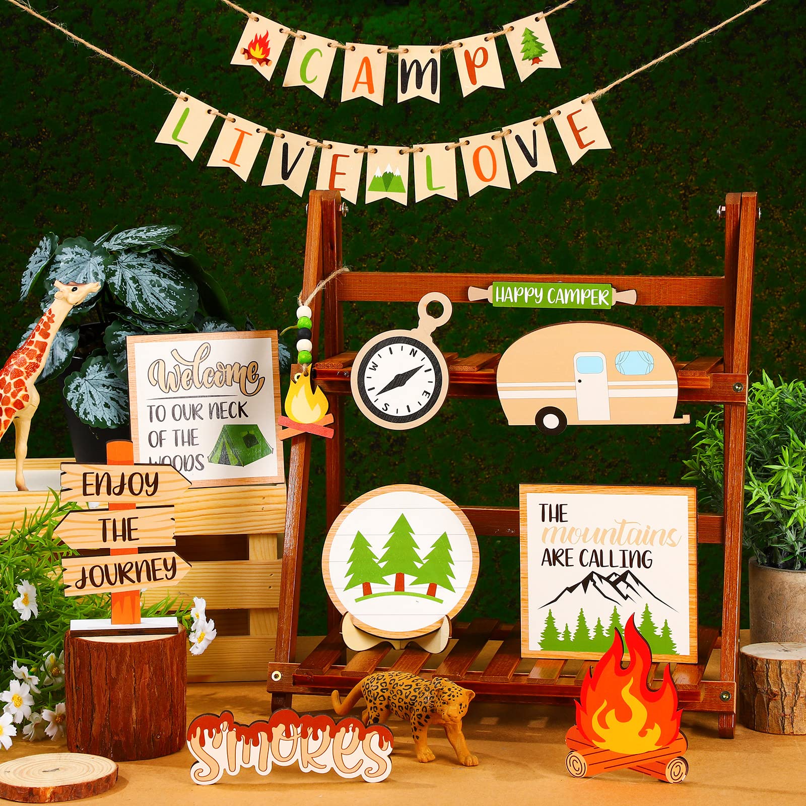 25 Pcs Camping Tiered Tray Decor Set Farmhouse Smores Tiered Tray Wood Sign Decor Camping Party Decorations Campfire Barbecue Ce