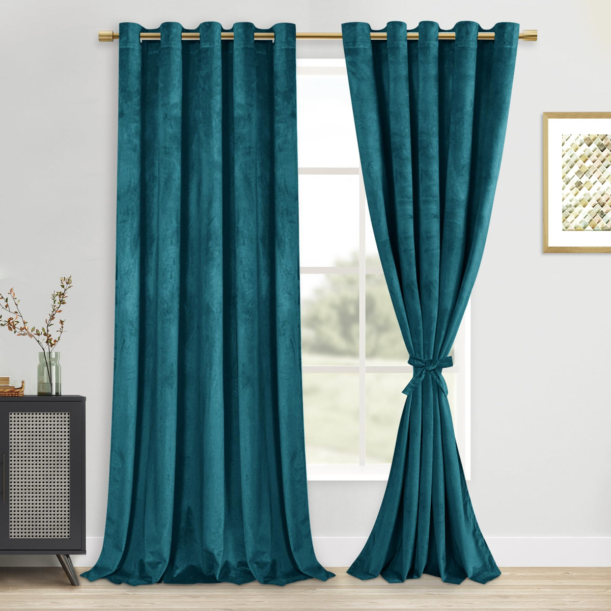 Dwcn Velvet Curtains Extra Wide - Teal Blackout Privacy Protect Window Drapes Thick Grommet Tieable Light Blocking Curtains & Dr