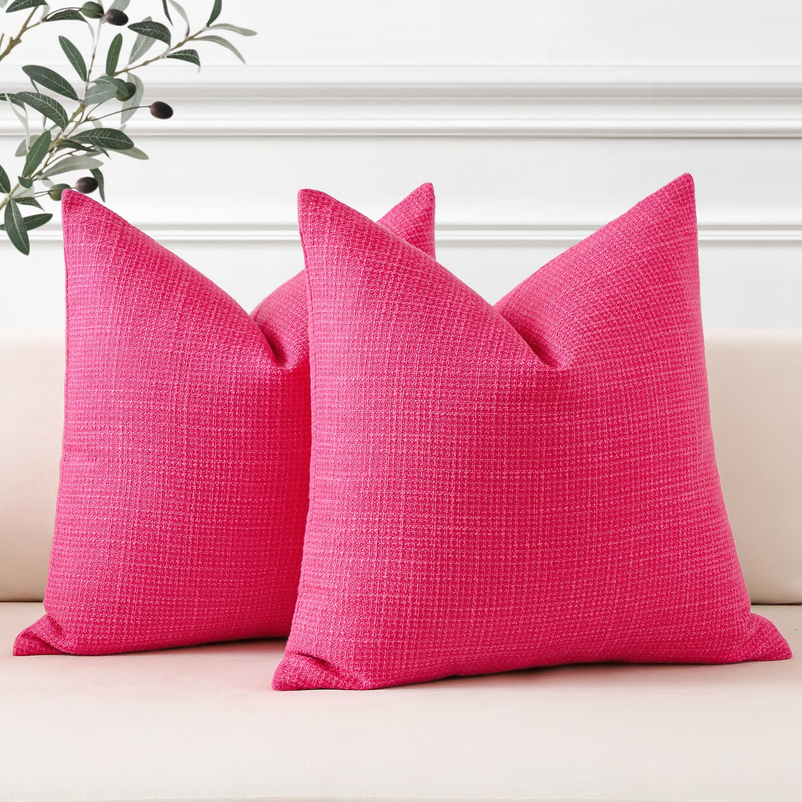 Otostar Linen Throw Pillow Covers Set Of 2 Decorative Square Pillowcases Cushion Covers 26X26 Inch For Home Decor Sofa Bedroom Car 65 X 65 Cm Hot Pink
