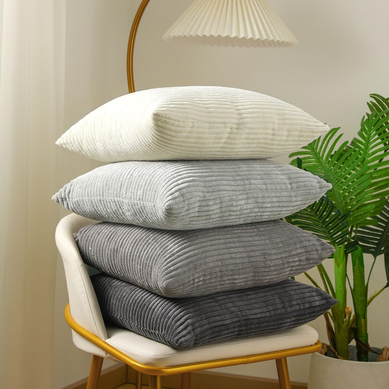 Lewondr Corduroy Throw Pillow Covers 18X18, Set Of 4 Multi-Color Matching Square Soft Throw Pillow Cases Modern Stripes Couch Pi
