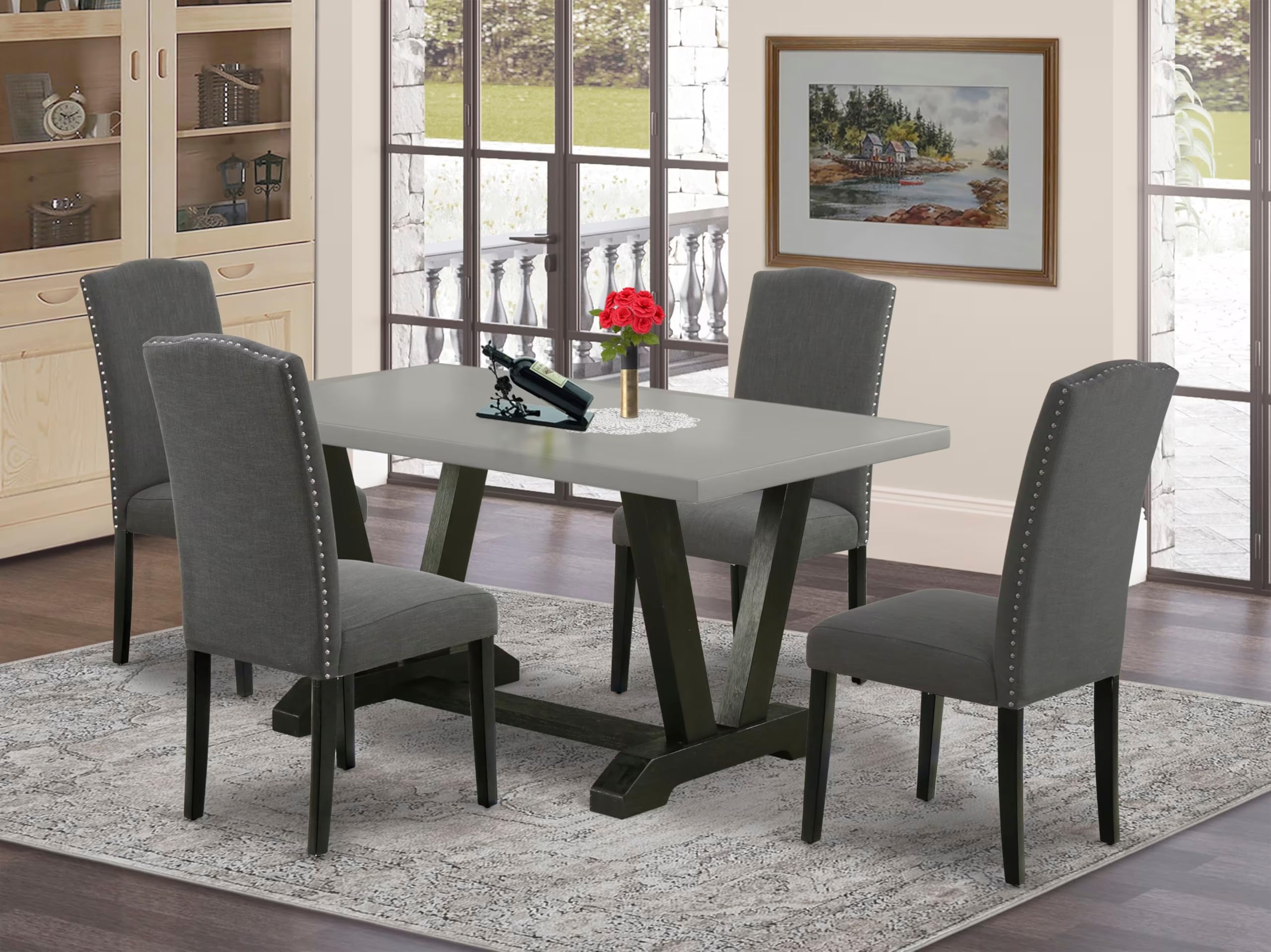 East West Furniture V696En120-5 5 Piece Modern Dining Table Set Includes A Rectangle Wooden Table With V-Legs And 4 Dark Gotham Linen Fabric Upholstered Chairs, 36X60 Inch, Multi-Color