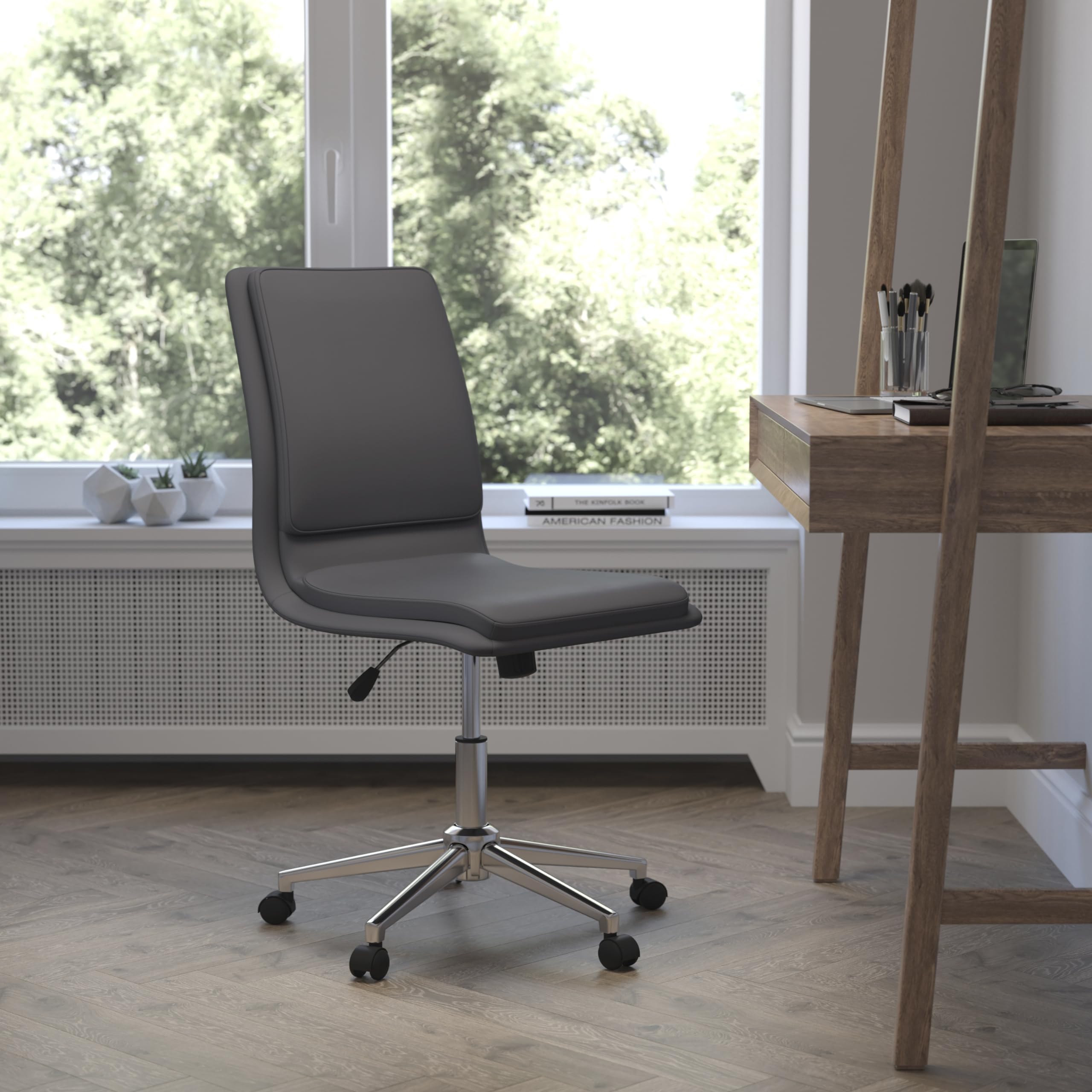 Flash Furniture Madigan Task Office Chair - Luxurious Gray Leathersoft Upholstery - Padded Mid-Back And Seat - Height Adjustable Chrome Base - Armless