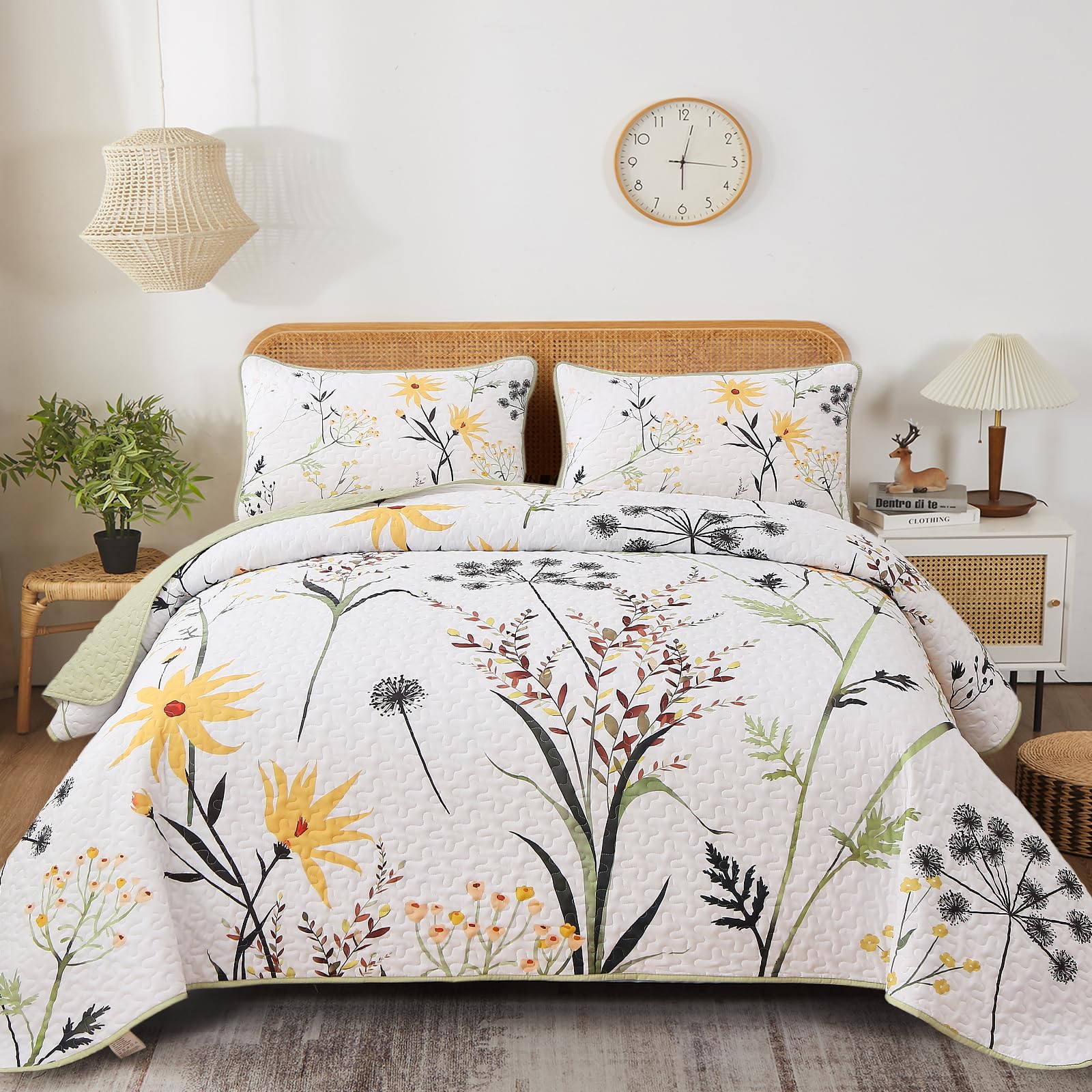 Dobuyly Floral Quilt Set King Size, White Botanical Flower Quilt 3 Pieces Reversible Bedspread Coverlet Set, Soft Lightweight Mi