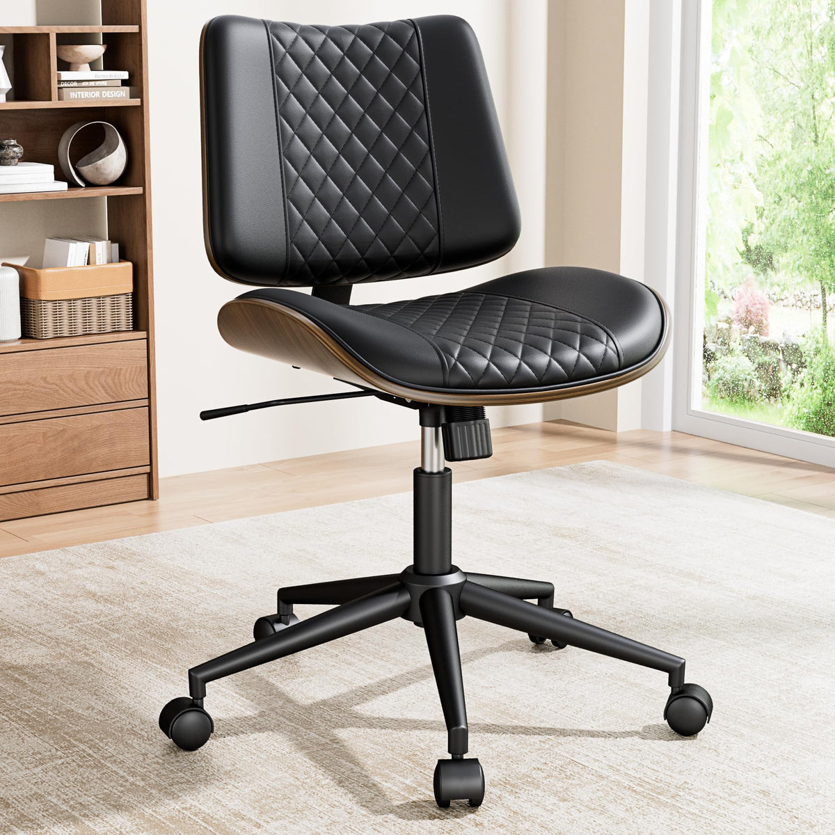 Reoney Home Armless Office Chair With Wheels, Modern Walnut Armless Desk Chair, Adjustable Swivel Rolling Task Chair With Curved