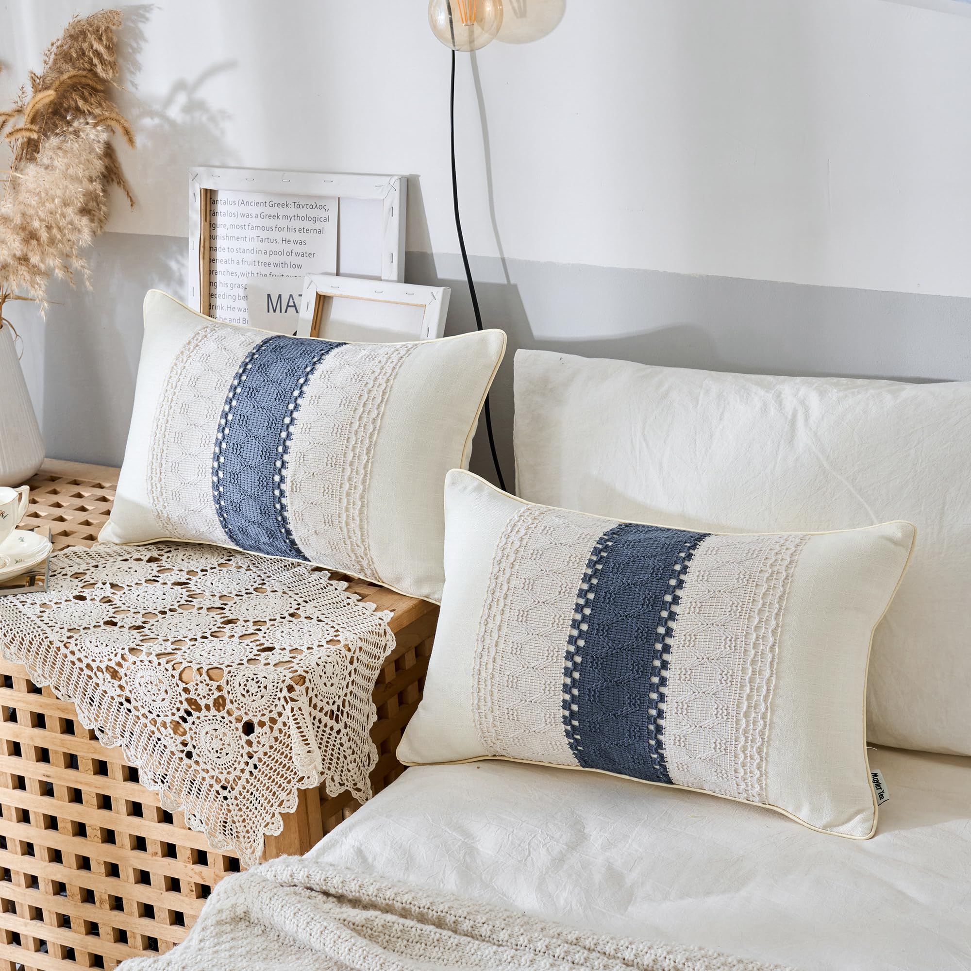 Mayler Yee Throw Pillow Covers Set Of 2 For Boho Living Room, Soft Cotton & Linen, Macrame Lumbar Pillow Cases For Sofa Bed Couc