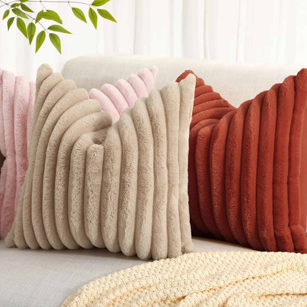 Decoruhome Faux Fur Throw Pillow Covers 18X18 Set Of 2, Decorative Soft Plush Striped Couch Pillow Covers With Velvet Back For Sofa, Bed, Living Room, Rust