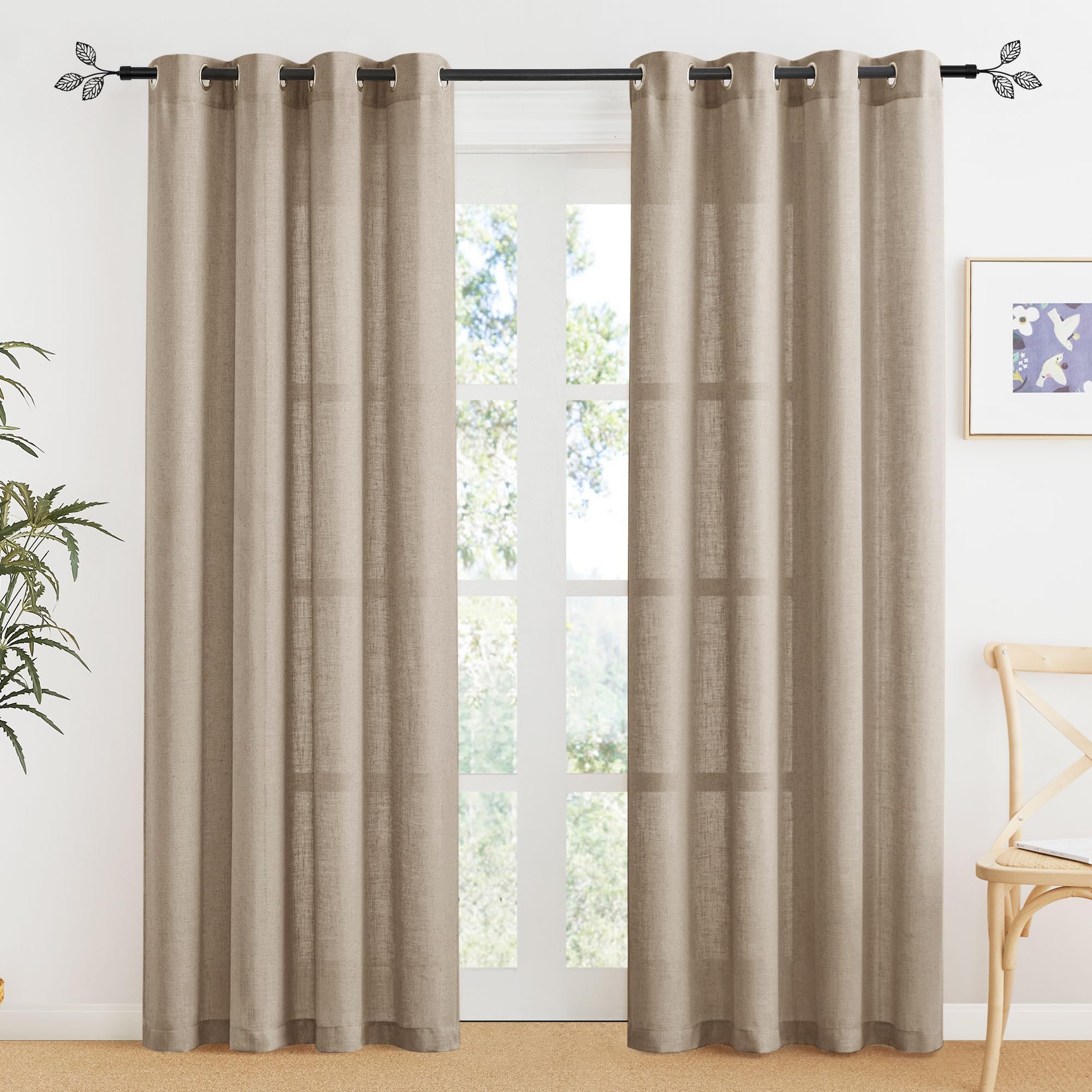 Ryb Home Khaki Semi Sheer Curtains 84 Inches Long, Grommet Easy Sliding Light Filtering Half Privacy Window Curtains & Drapes Fo