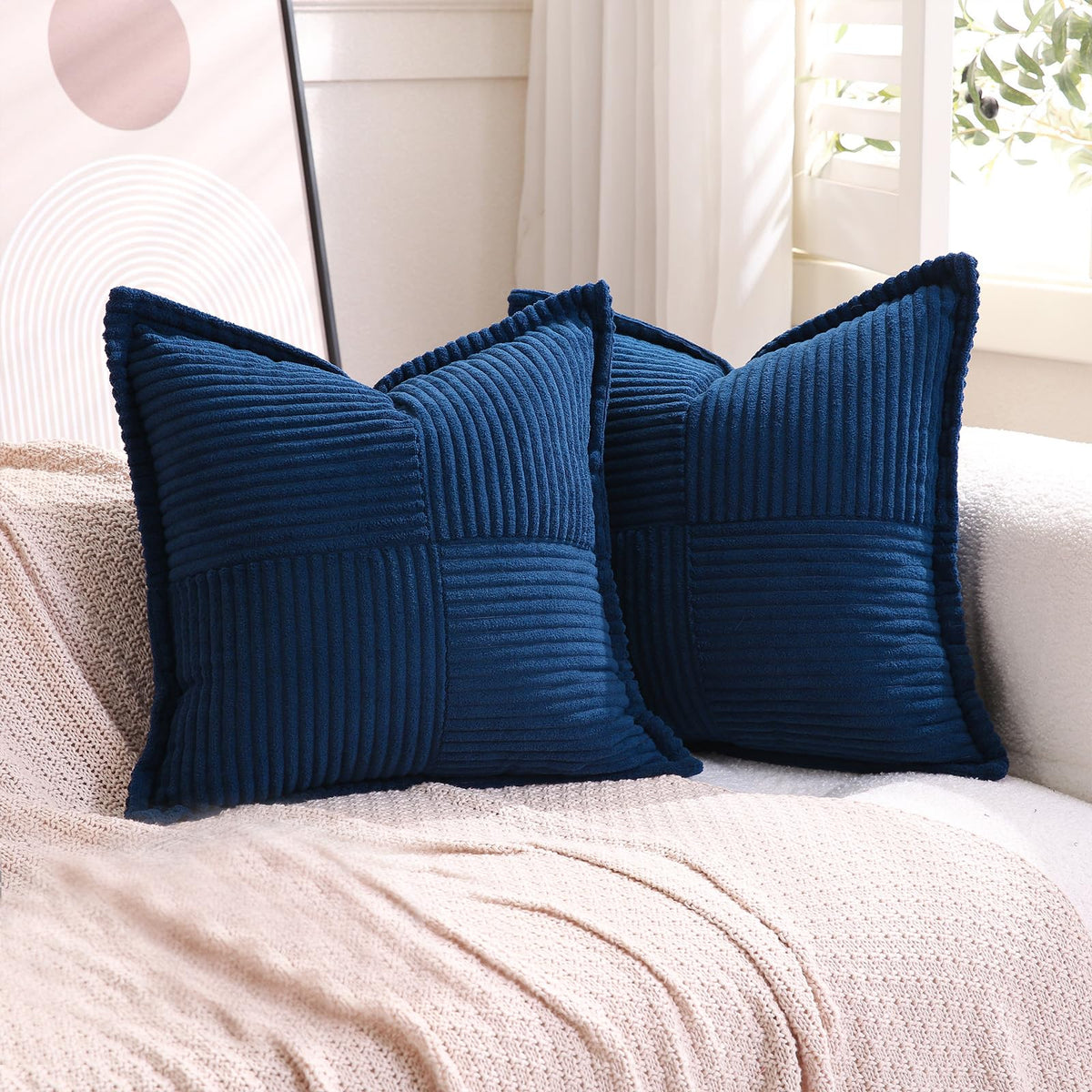 Puncuntex Corduroy Throw Pillow Covers Set Of 2 Boho Decorative Navy Blue 18  18 Inch,Super Soft Pillowcase Cozy Striped Texture