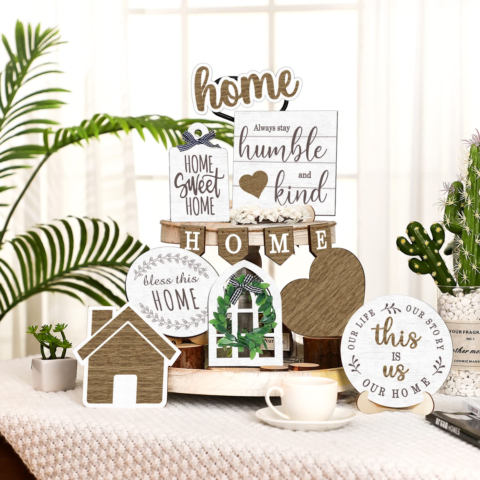 Maitys 10 Pcs Summer Beach Tiered Tray Decoration Set Farmhouse Rustic Home Decor Home Wood Sign Rustic Table Ornaments For Home