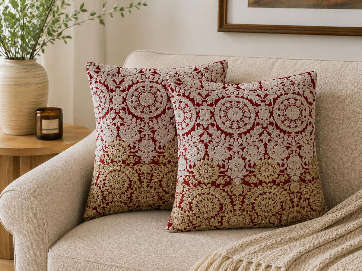 Eyda Celestia Embroidered 18X18 Cushion Cover | Red, Ivory & Gold Decorative Throw Pillow Cover For Sofa & Living Room