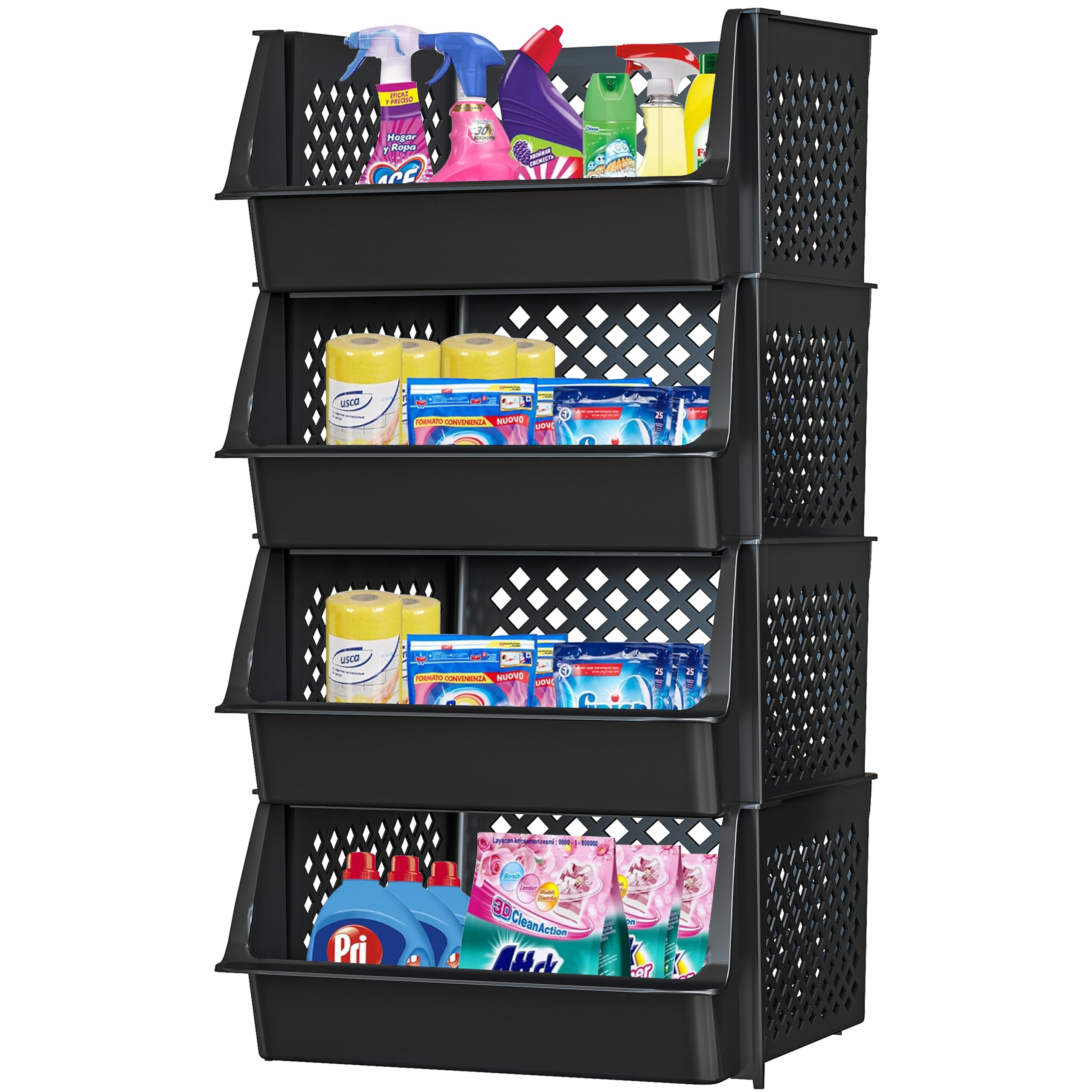 Tidyfriend Plastic Stackable Bins For Pantry, 4 Pack Large Stacking Bins Open Front Kitchen, And Bathroom Organization, Open Fro
