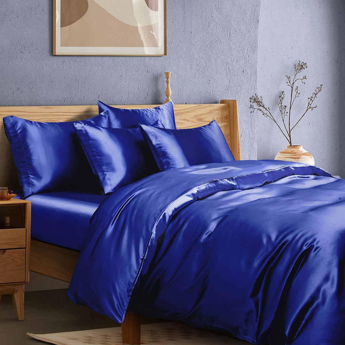 Manyshofu 6Pcs Royal Blue Duvet Cover Set Queen Size With Satin Fitted Sheet - Not Comforter, Cooling & Silky Comforter Cover Se