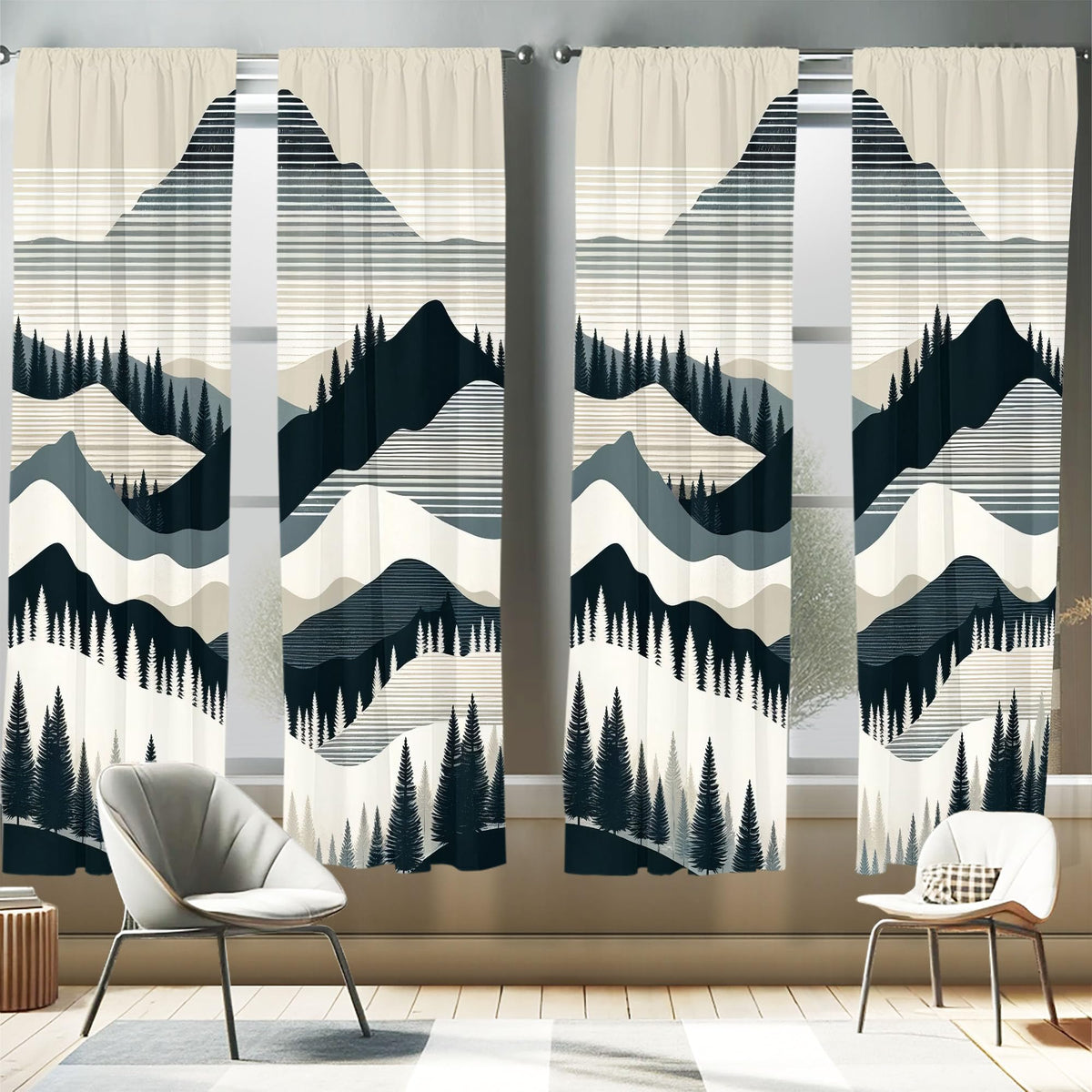 Ambesonne Striped Window Curtains Pack Of 2, Mid Century Modern Boho Mountain Scenery With Woods And Line Details, Lightweight S