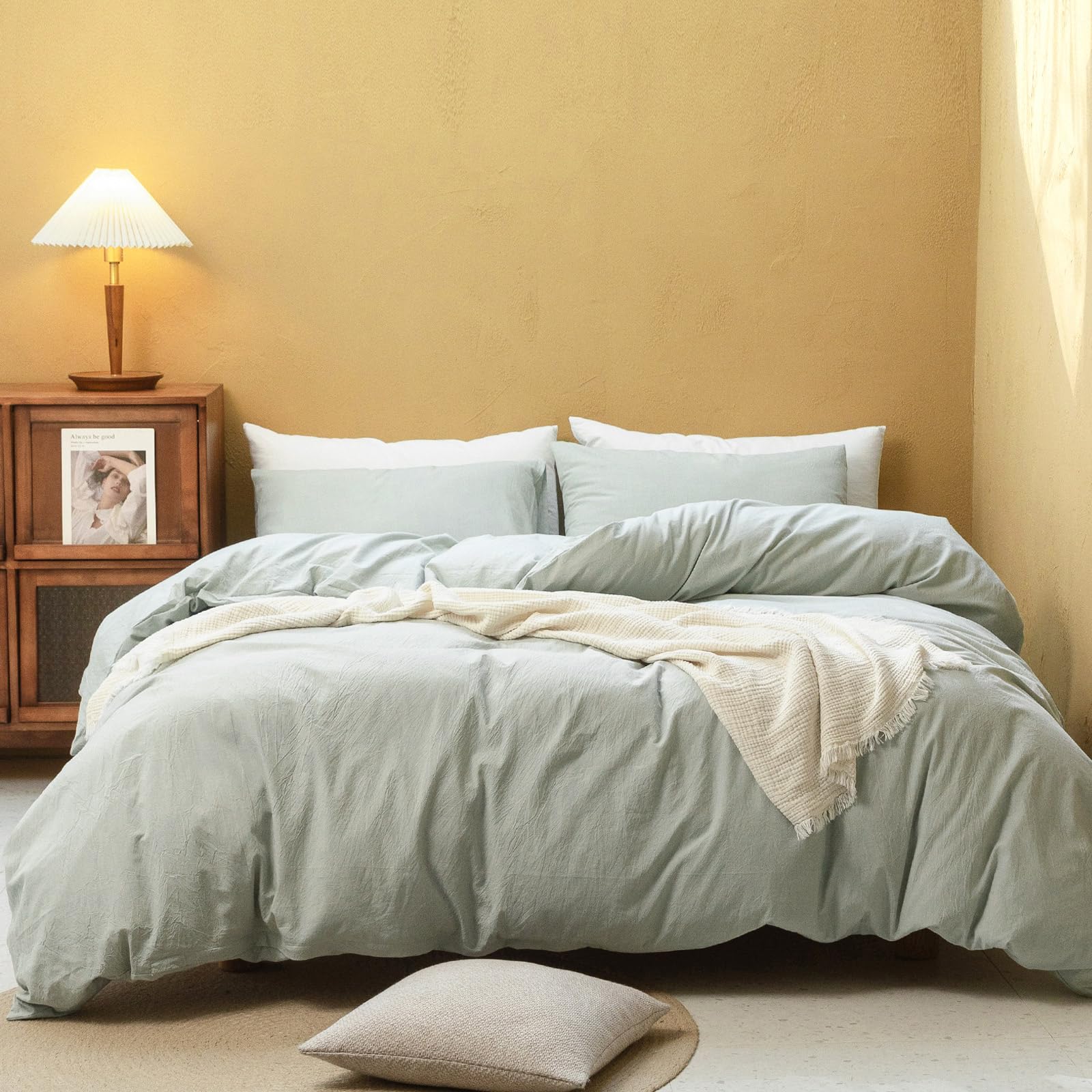 Fossa Duvet Cover Set 100% Washed Cotton Linen Feel Super Soft Breathable Cozy 3 Pieces Bedding Sets Solid Sage Green Oversized