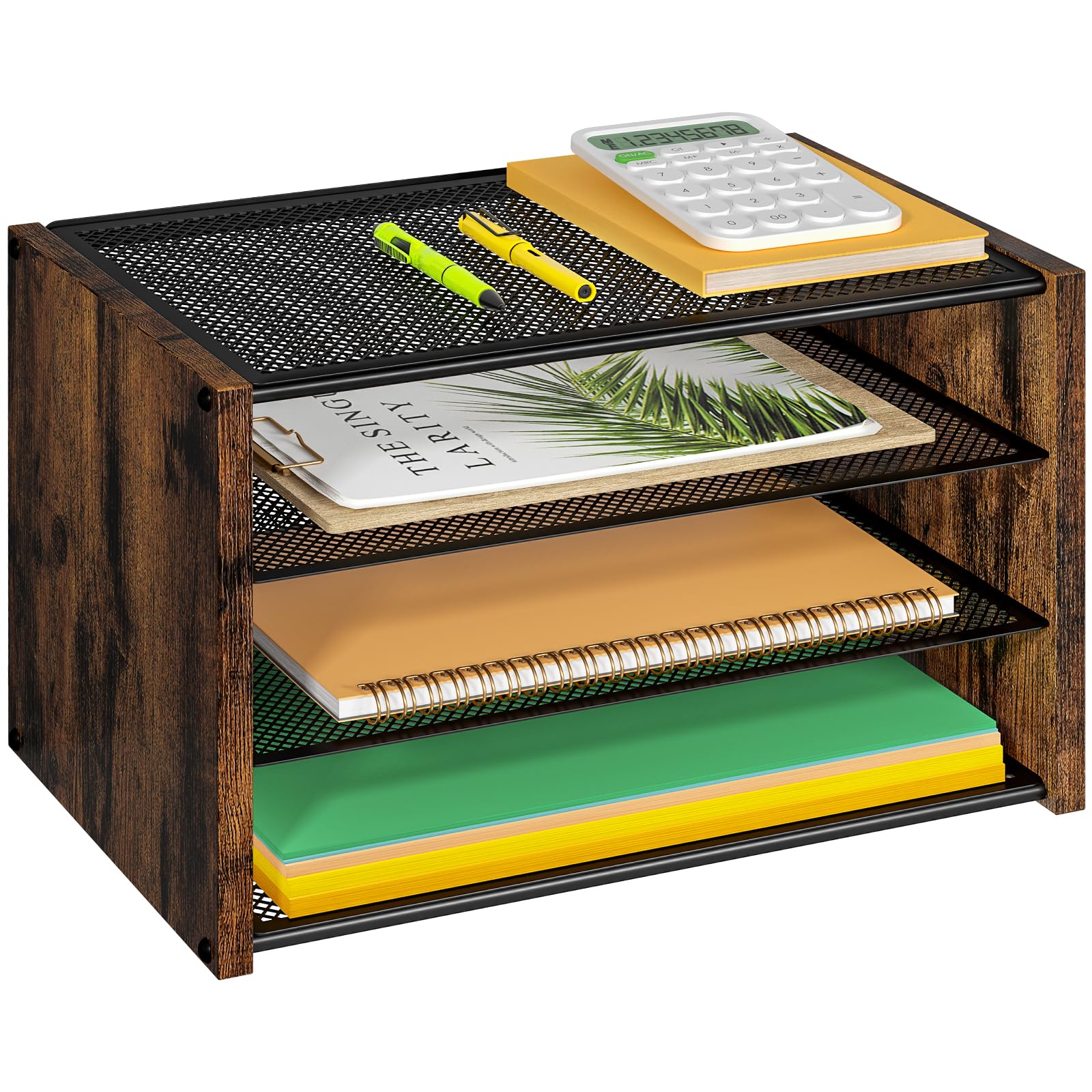 Daoutime 3-Tier Paper Organizer Letter Tray, Wooden Desk File Organizer, Stackable Metal Mesh Desk Organizer For A4 Printer Pape