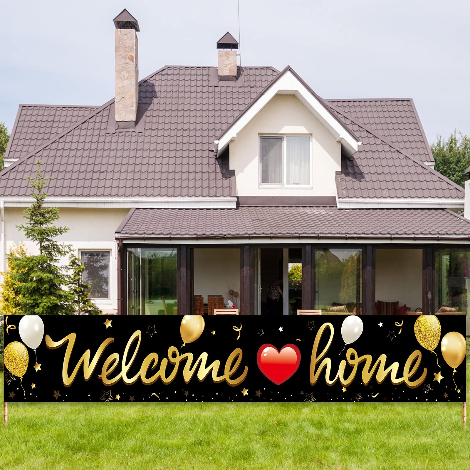 Welcome Home Banner Decoration, Black Gold Welcome Back Home Yard Sign For Outdoor, Military Homecoming Deployment Returning Par