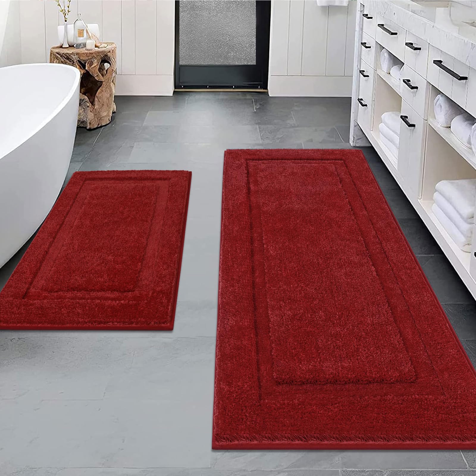 SHACOS Super Soft Red Bathroom Runner Rugs Set of 2 Pieces 47x20 + 32x20 inch Microfiber Long Bath Rugs Non Slip Washable Bathro