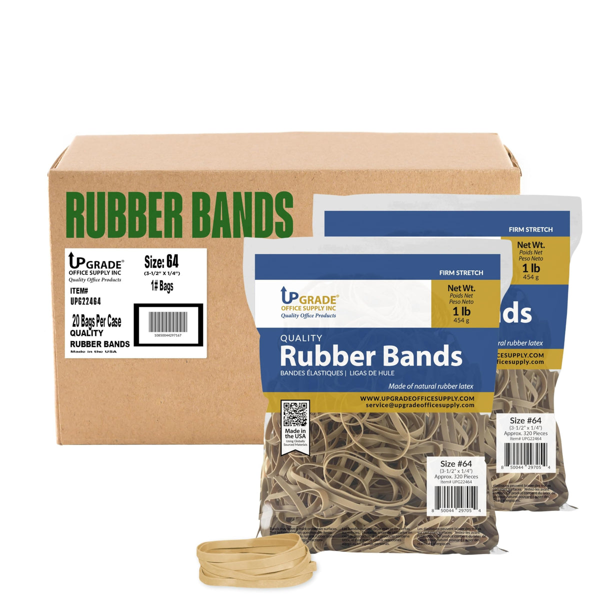 Upgrade Office Supply Rubber Bands, Size #64 (3-1/2    X 1/4   ), 1 Lb Bags, 20-Pack, 6,400 Count, Bulk Case, Made In Usa