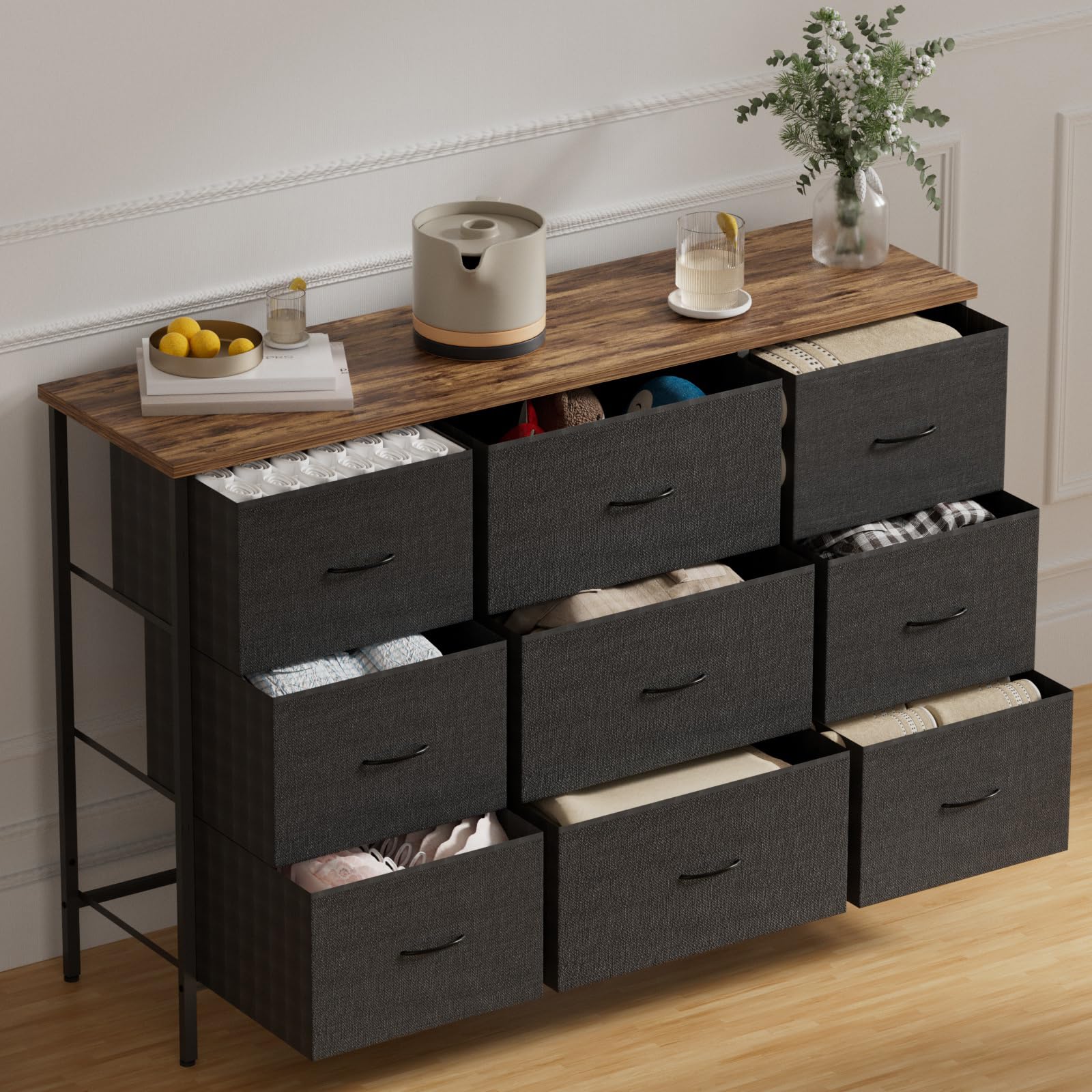 VASICAR Wide TV Stand for Bedroom, Dresser with 9 Deep Drawers, Fabric Storage Cabinet, Modern Chest of Drawers for Closet, Nurs