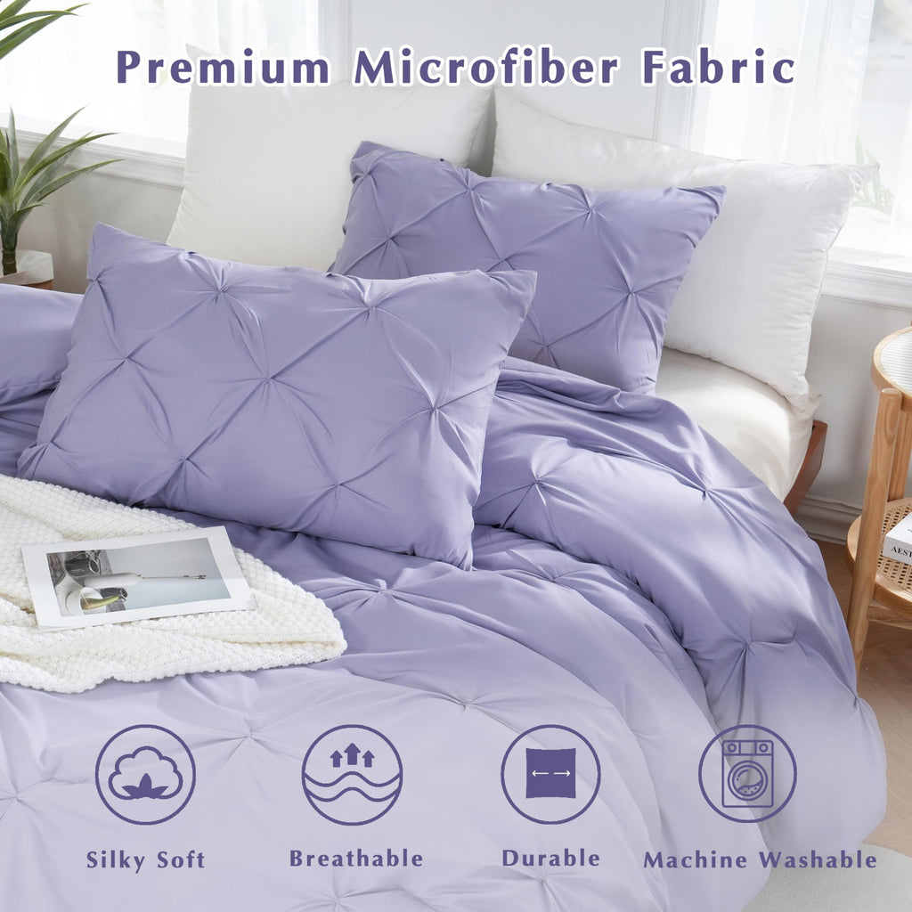 Downcool Queen Comforter Set Lavender Purple - 3 Pieces Cute Pinch Pleat Bed Set, Soft Fluffy Bedding Comforter Sets For All Sea