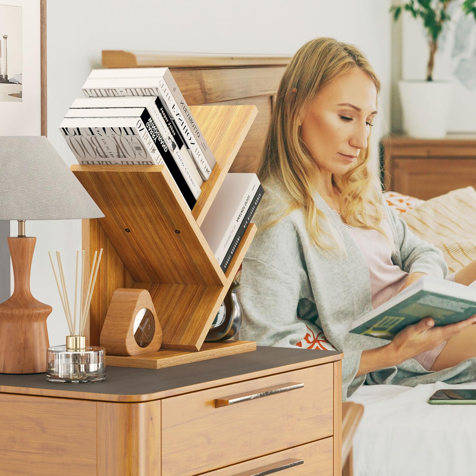 Ymyny 2 Tier Tree Bookshelf, Small Bookcase, Modern Wood Book Storage Rack Organizer, Freestanding Book Shelf For Books/Movies/Cds, Display Rack For Bedroom, Home Office, Natural Uhbc012N