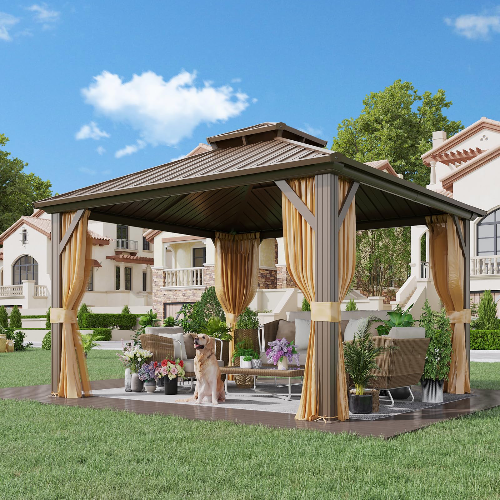 Yoleny 10' X 10' Hardtop Gazebo, Metal Gazebo With Aluminum Frame, Double Galvanized Steel Roof, Curtains And Netting Included,