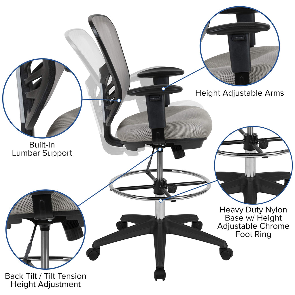 Flash Furniture Tyler Mid-Back Light Gray Mesh Ergonomic Drafting Chair With Adjustable Chrome Foot Ring, Adjustable Arms And Black Frame