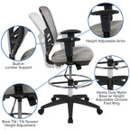 Flash Furniture Tyler Mid-Back Light Gray Mesh Ergonomic Drafting Chair With Adjustable Chrome Foot Ring, Adjustable Arms And Black Frame