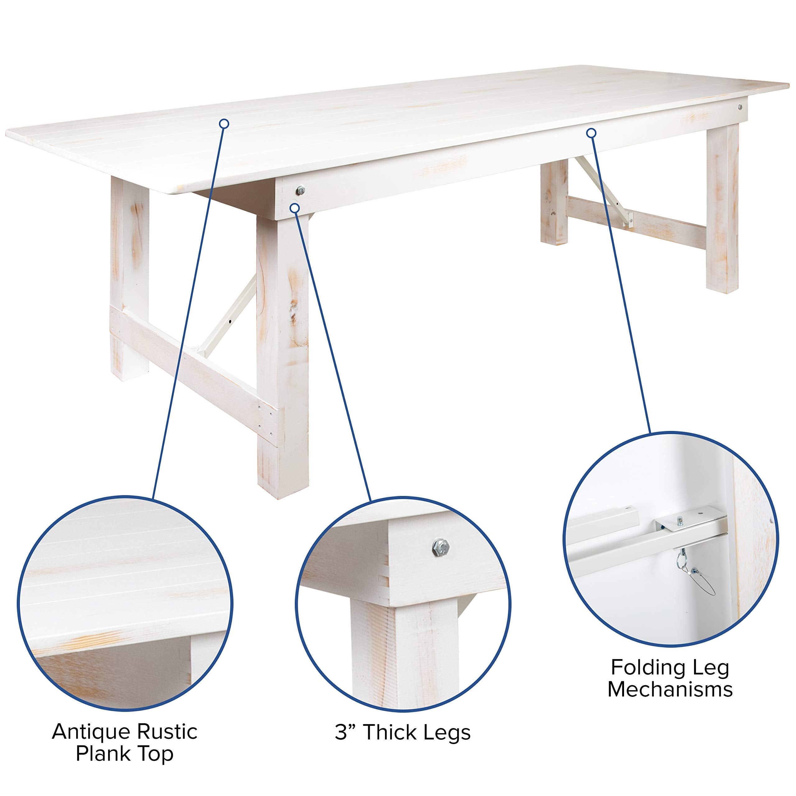 Flash Furniture Hercules Series 8' X 40&quot; Rectangular Antique Rustic White Solid Pine Folding Farm Table