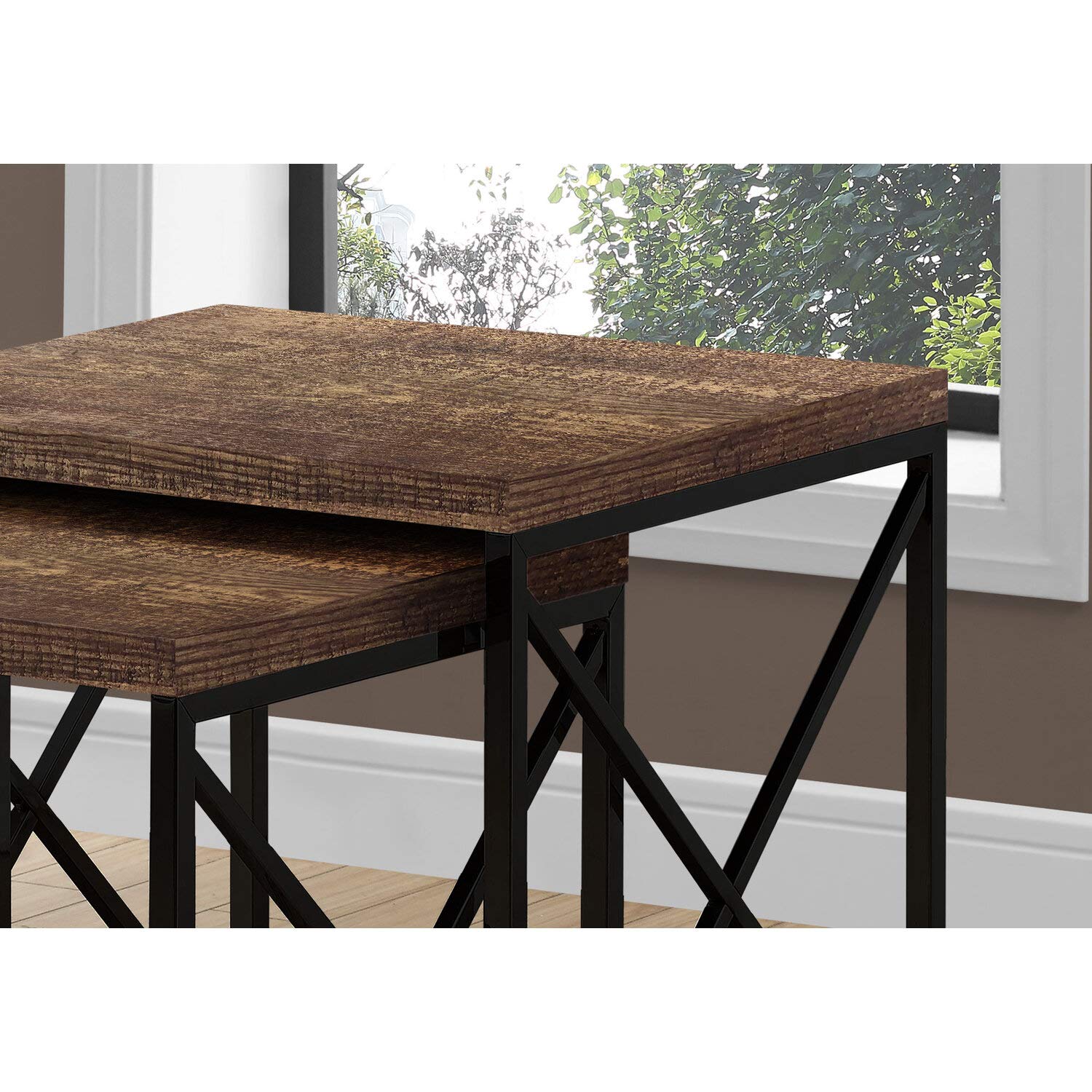 Monarch Specialties TABLE-2PCS SET/BROWN RECLAIMED WOOD/BLACK NESTING TABLE
