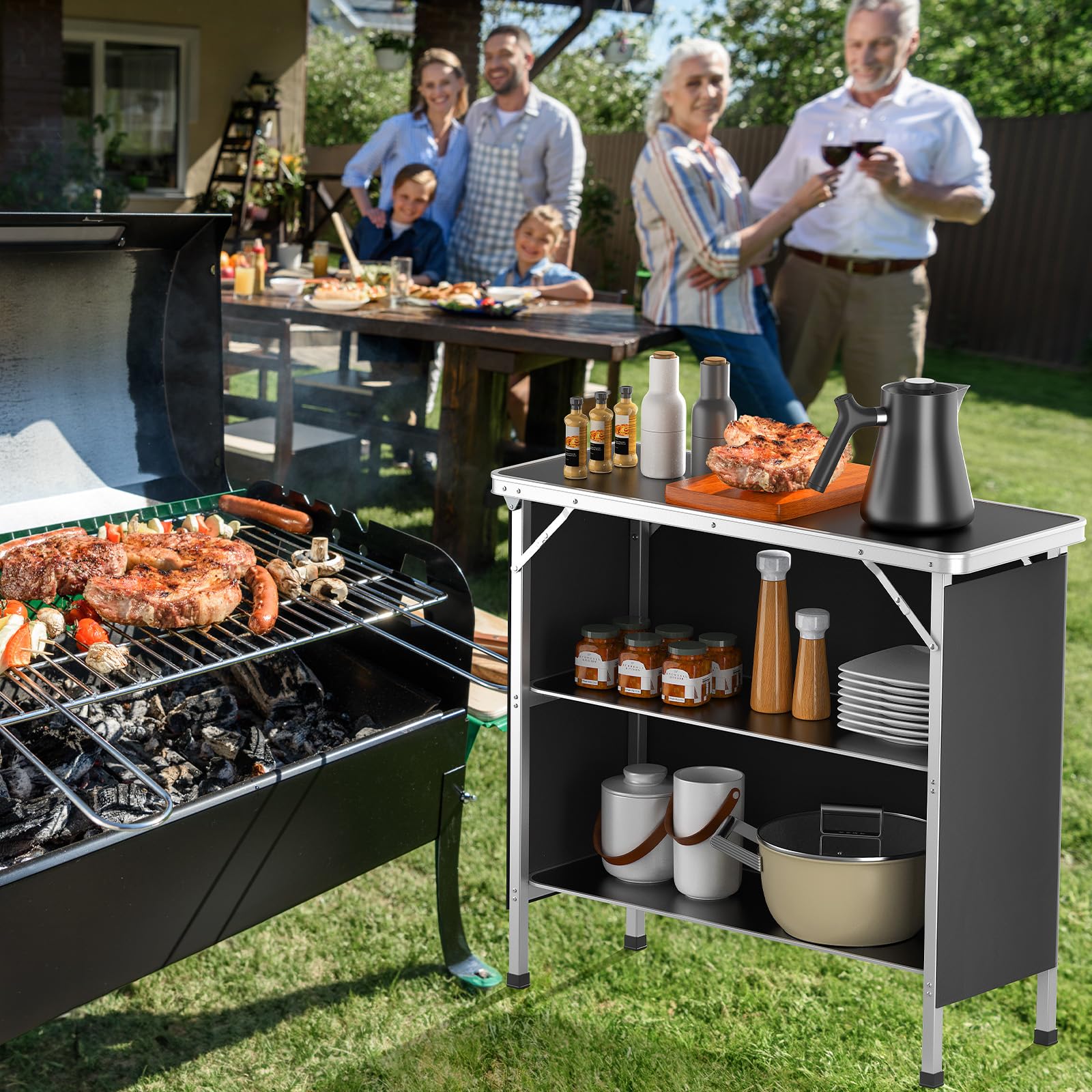 Vingli Camping Table, Aluminum Portable Bar Table 39''L X 34''H, 2-Tier Storage Shelves, Removable Oxford Cloth, Carrying Bag, Lightweight Folding Table For Events, Outdoor, Party, Picnic