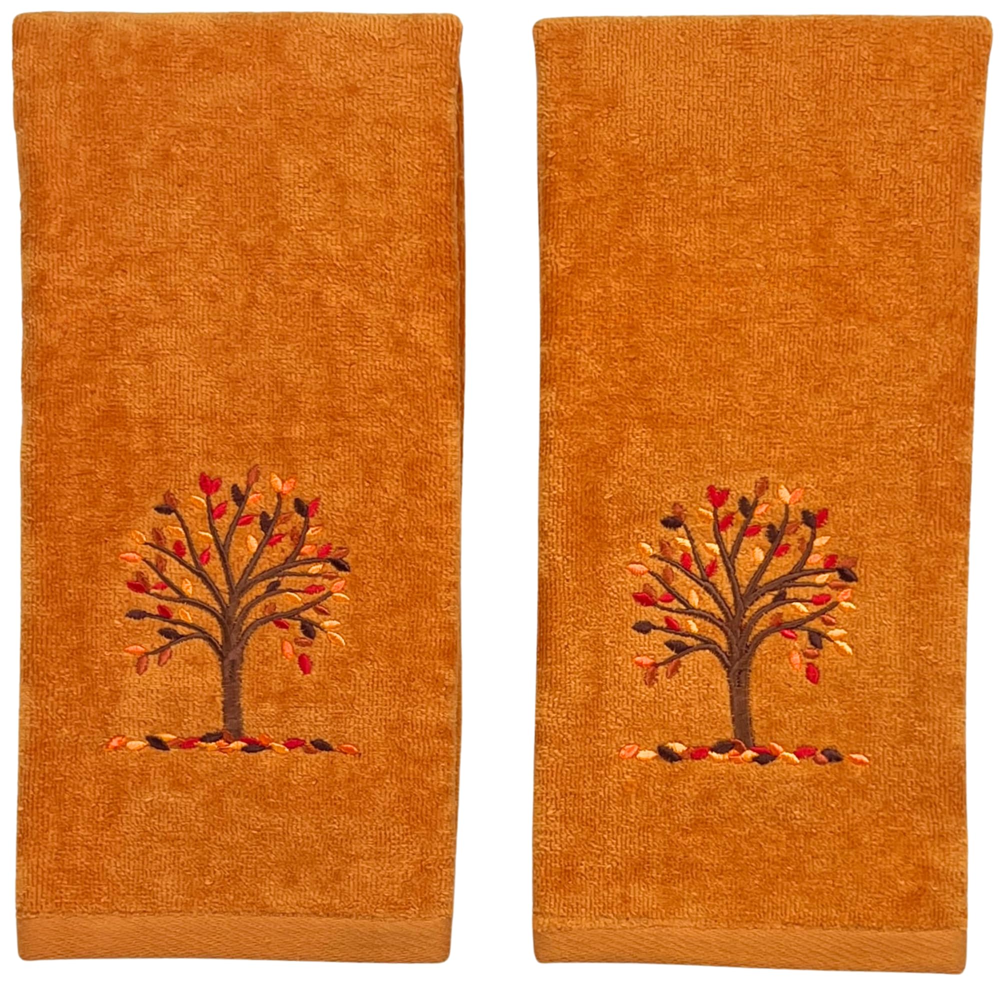 Serafina Home Fall Bath Hand Towels Bathroom Decor Farmhouse : Terracotta Rust Cotton Towels with Autumn Tree Falling Leaves 2 P