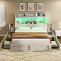 AMERLIFE Queen Bed Frame with 4 Storage Drawer, LED Bed Frame with 49.6 Tall Bookcase Headboard, Wood Platform Bed with Charging
