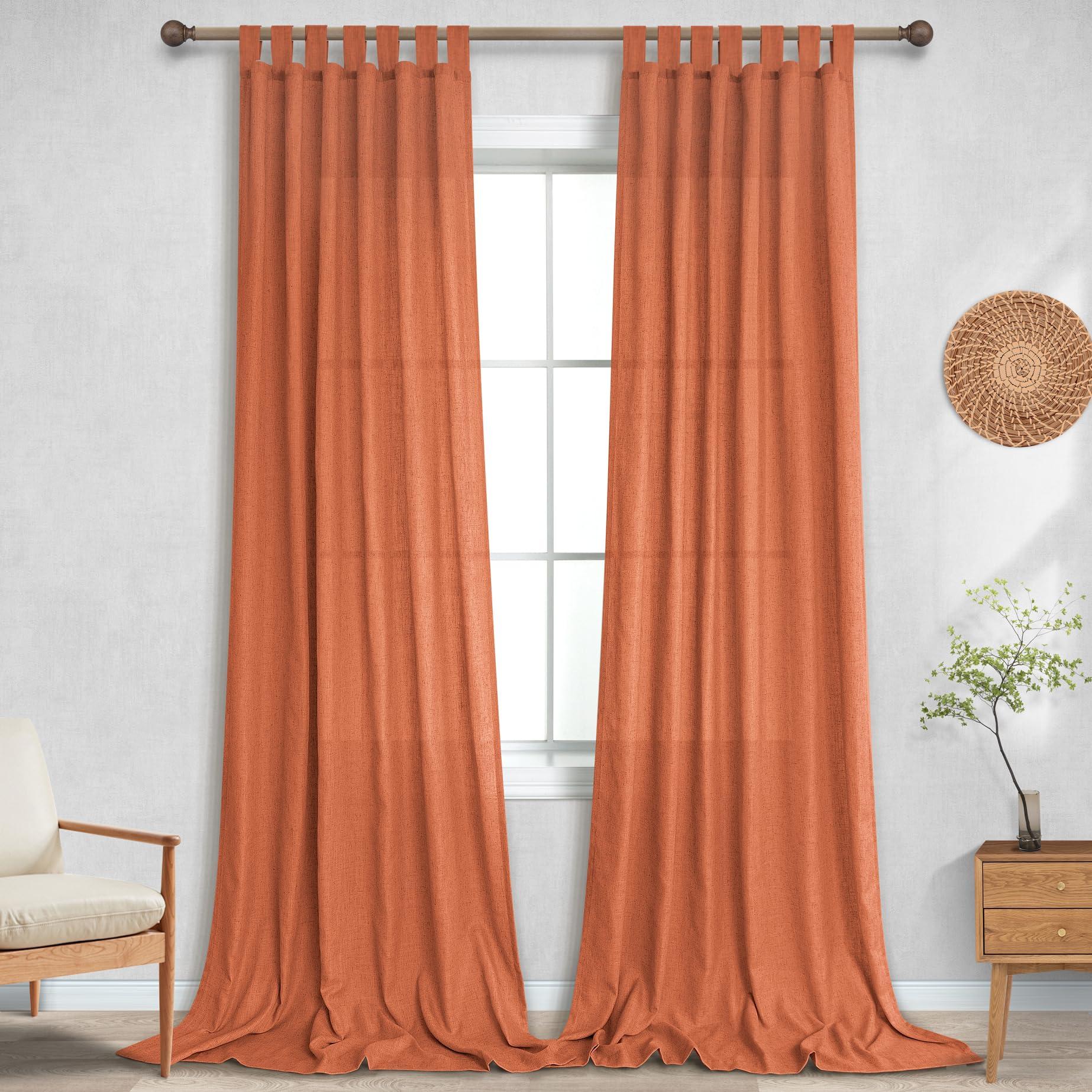 Koufall Burnt Orange Tab Top Linen Blend Curtains For Living Room 52X96 Inch Length