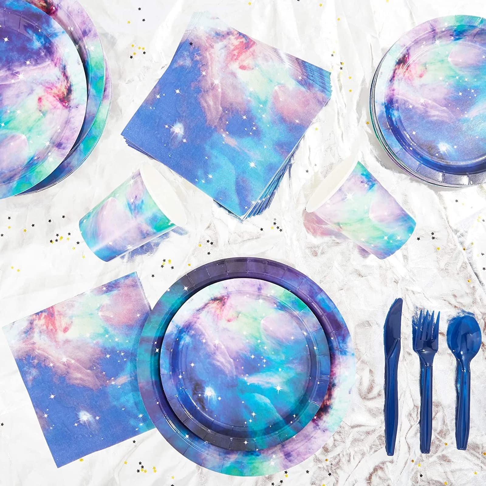 Blue Panda 168 Pieces Galaxy Party Supplies With Paper Plates, Napkins, Cups, And Cutlery For Outer Space Birthday Party Decorat