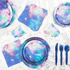 Blue Panda 168 Pieces Galaxy Party Supplies With Paper Plates, Napkins, Cups, And Cutlery For Outer Space Birthday Party Decorat