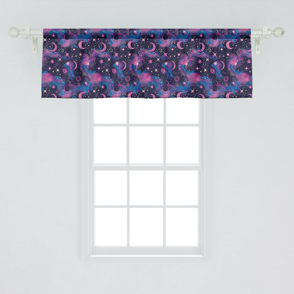 Ambesonne Celestial Window Valance Pack Of 2, Fantasy Dream Oriental Astronomy Art Crescent And Starry Atmosphere, Rod Pocket Curtain Valances For Kitchen Bedroom, 54' X 18', Dark Night Blue Fuchsia