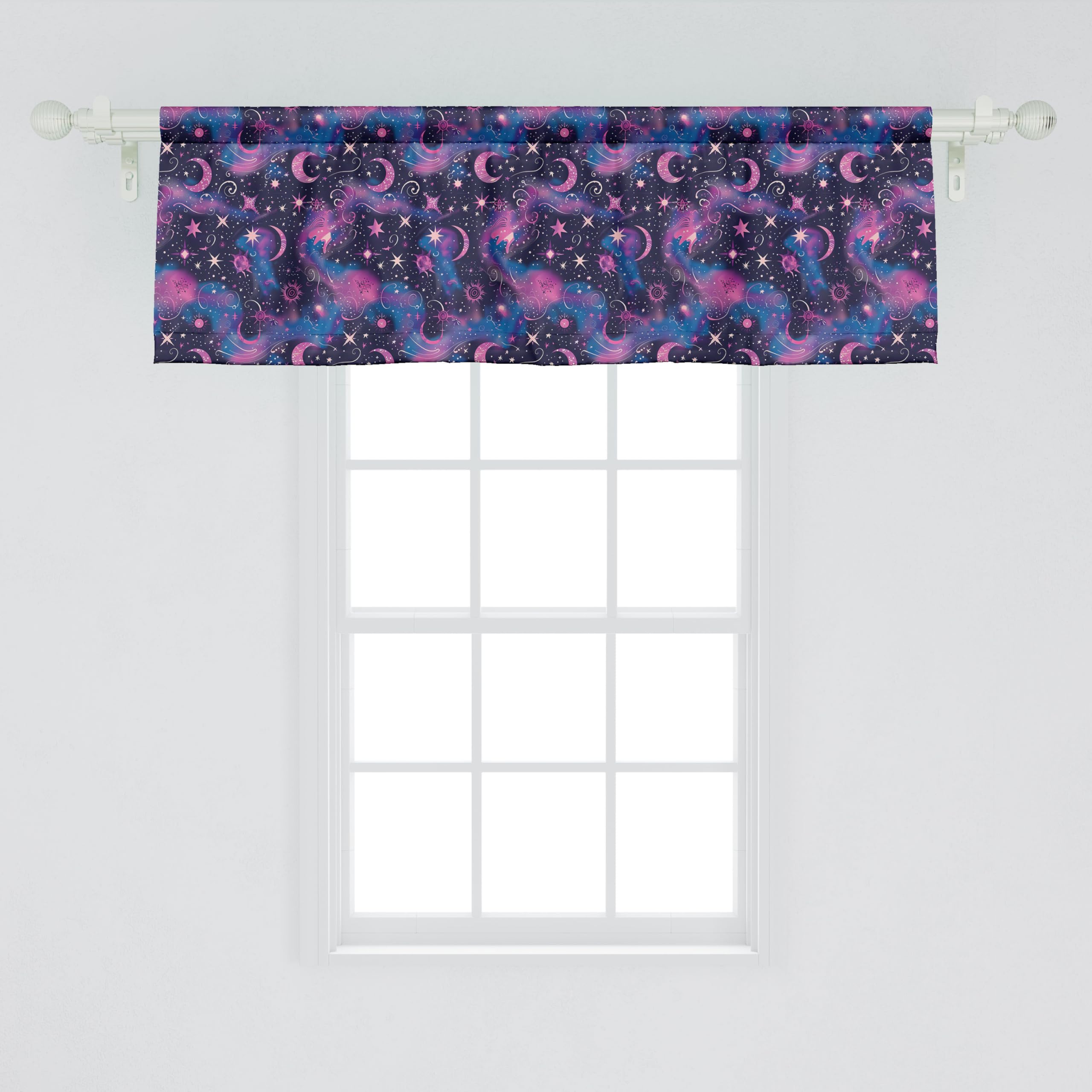 Ambesonne Celestial Window Valance Pack Of 2, Fantasy Dream Oriental Astronomy Art Crescent And Starry Atmosphere, Rod Pocket Curtain Valances For Kitchen Bedroom, 54' X 18', Dark Night Blue Fuchsia