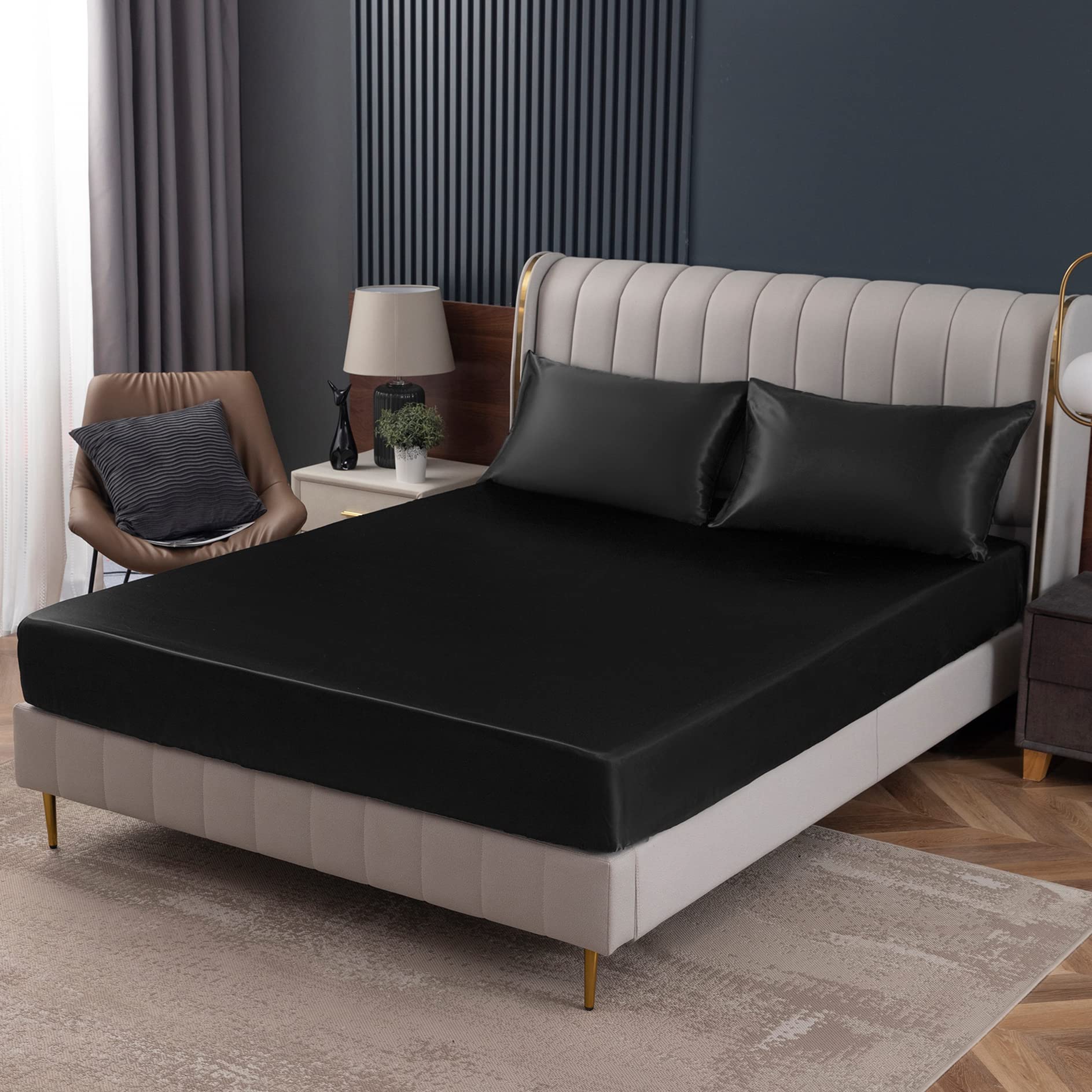 Homiest Black Satin Fitted Sheet King Size Fitted Bed Sheet, Deep Pocket Fitted Sheet Only, Luxury & Ultra Soft Bedding Fitted Sheet Single Bottom Bed Sheets Sold Separately