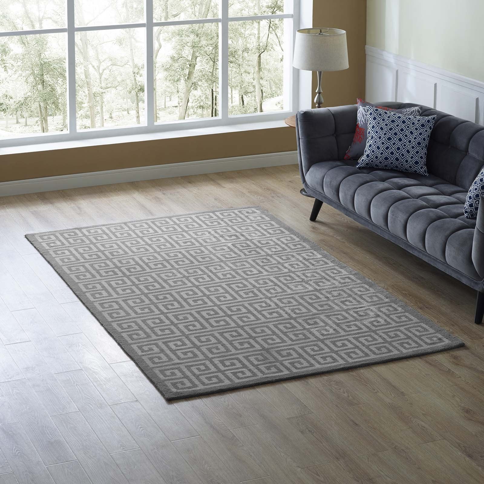 Modway Freydis Greek Key Trellis 5X8 Area Rug With Lattice Design In White And Light Gray