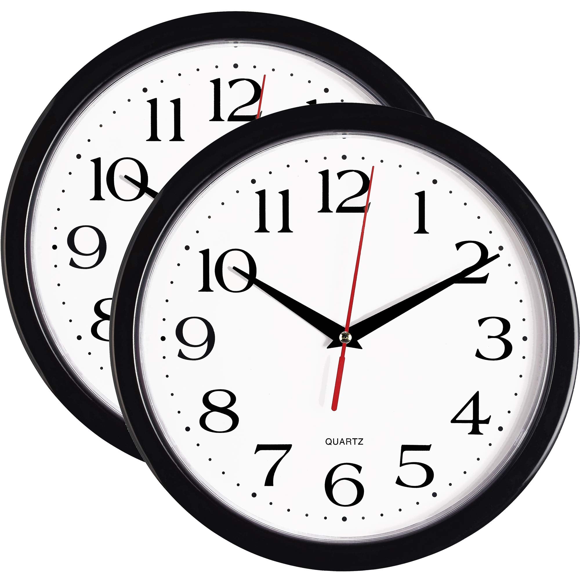 Bernhard Products Black Wall Clocks, 2 Pack Silent Non Ticking 10 Inch Quality Quartz Battery Operated Round Easy to Read Home/O