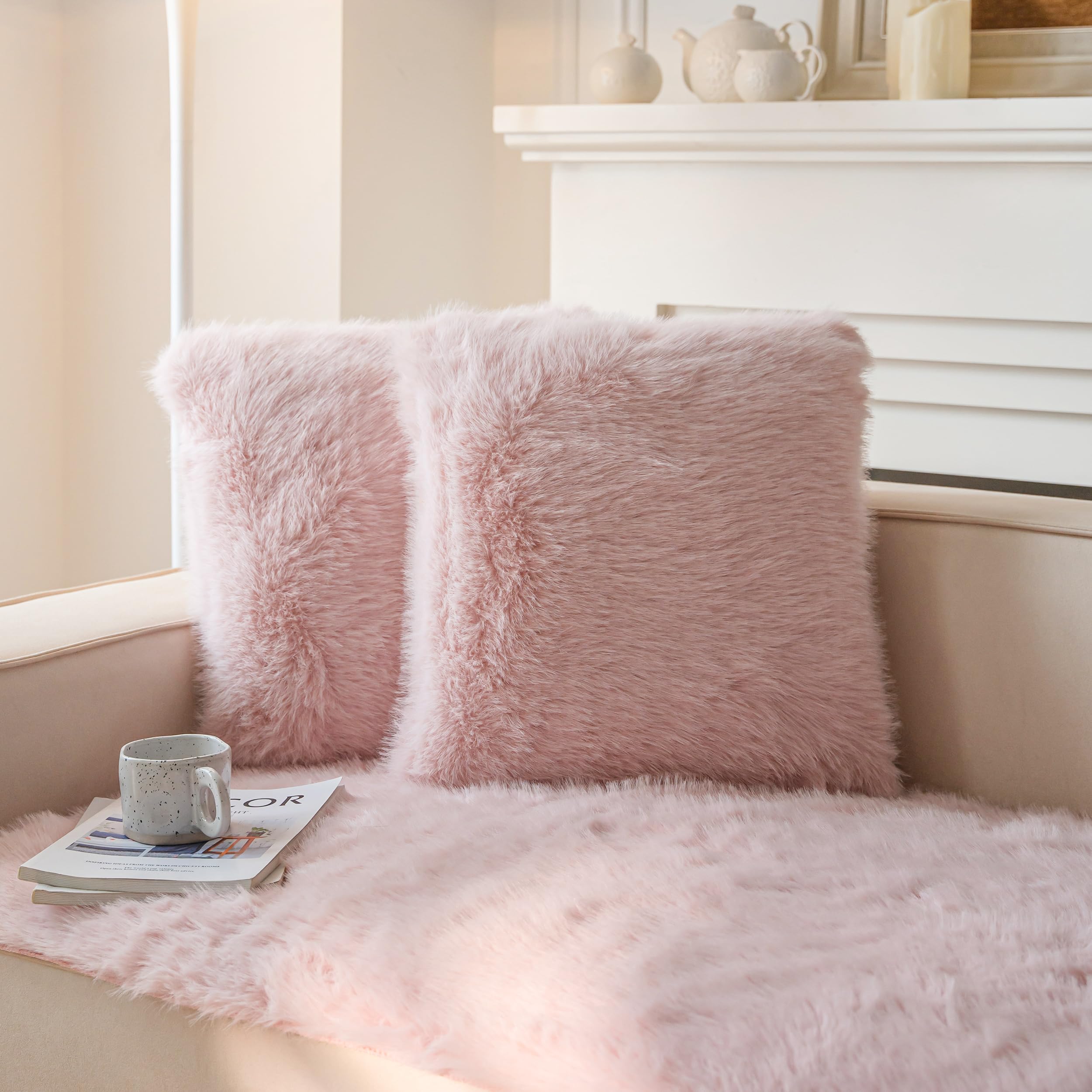 Neelvin Pink Faux Fur Cozy Fluffy Double-Sided Decorative Throw Pillow Covers 18X18 Inch Set Of 2,Velvet Pillowcase Cushion Case