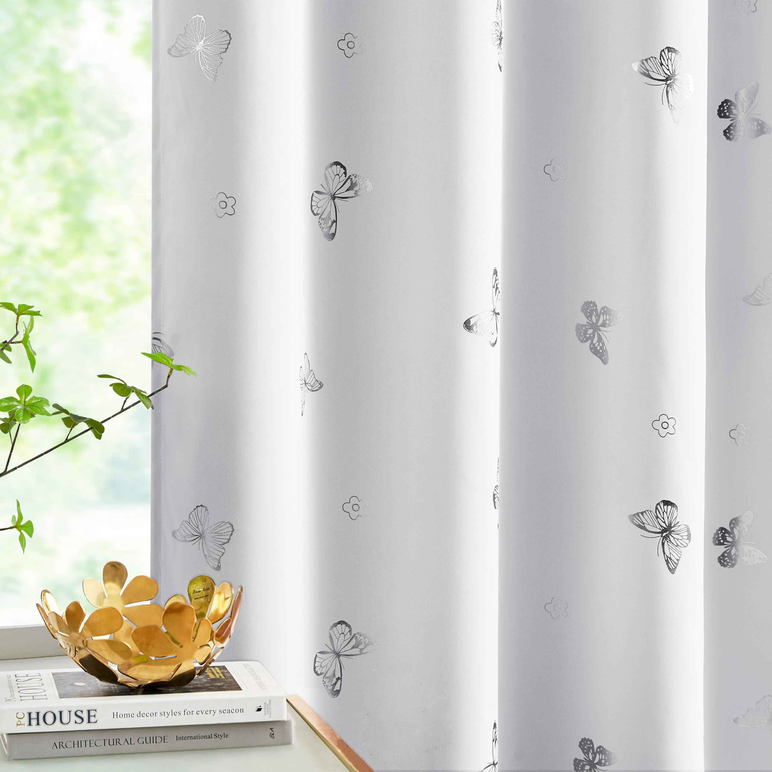 Jubilantex White Silver Butterfly Blackout Curtains 84 Inches Long For Bedroom Kids Bedroom Nursery Floral Print Window Curtains