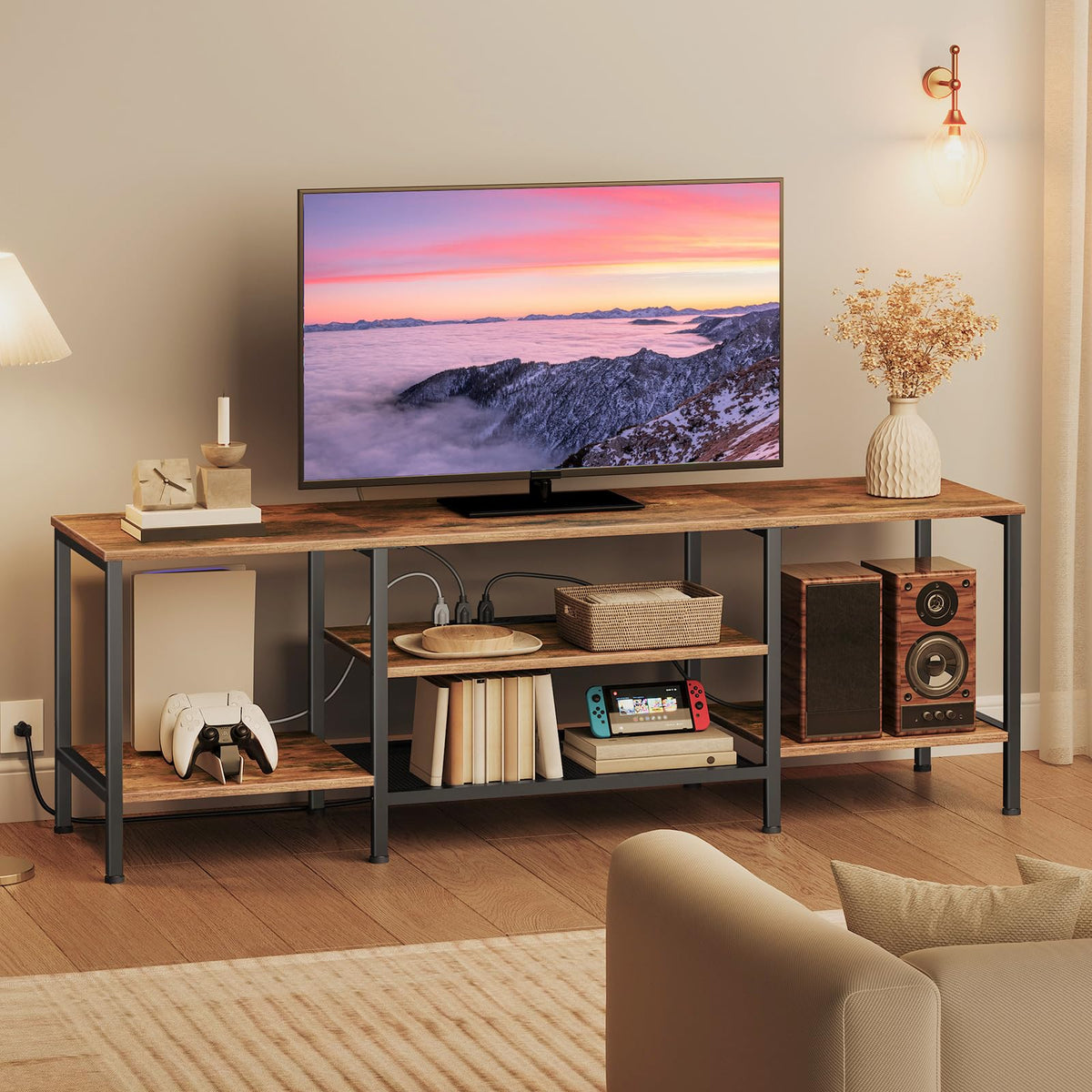 Hoobro Tv Stand With Power Outlets To 75 Inches, Tv Console Table With Open Storage Shelves Cabinet, Industrial Media Entertainment Center For Living Room Bedroom, Rustic Brown And Black Bf60Ds01