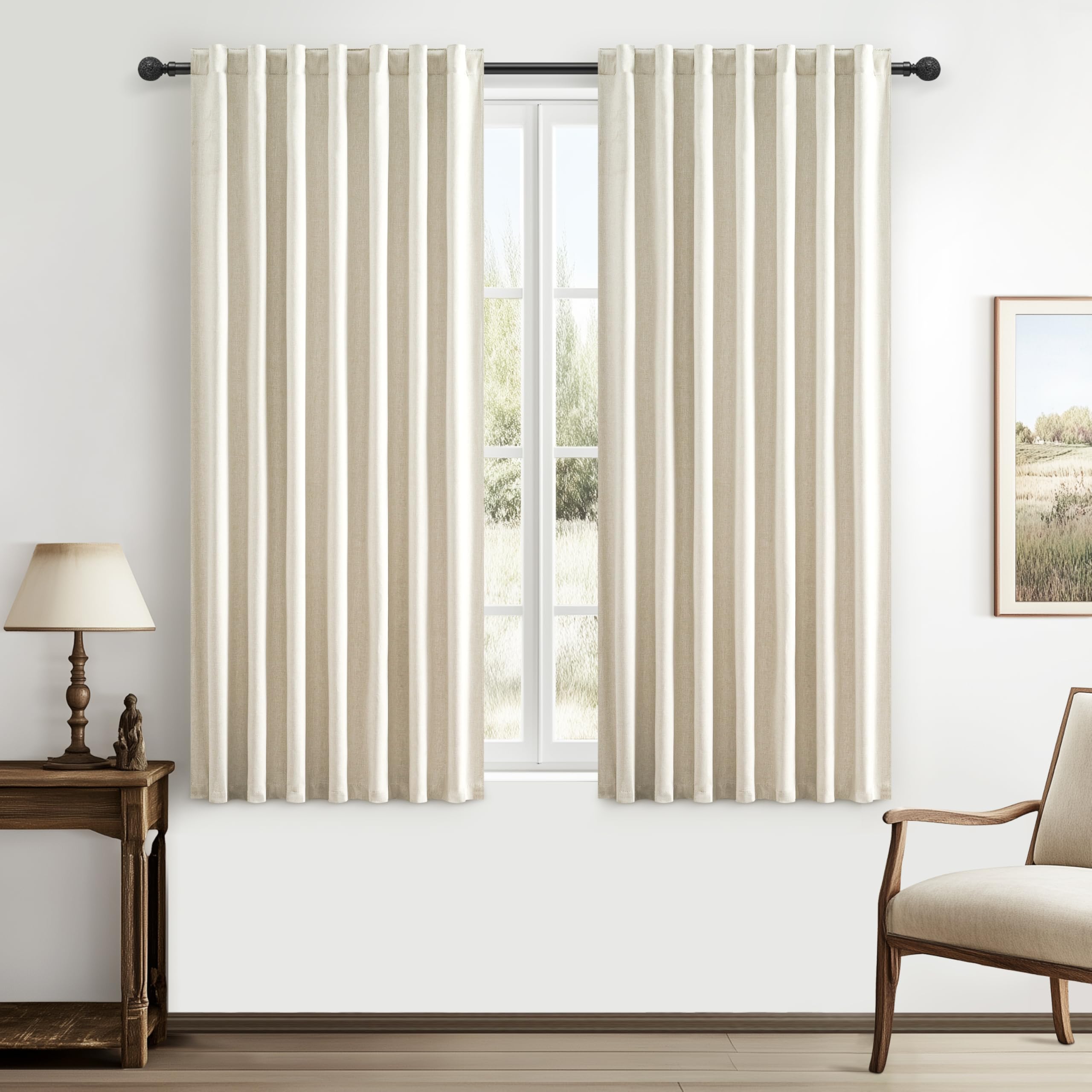 Warm Cream Room Darkening Curtains 72 Inches Long 2 Panels Burg, Linen Heavy Insulated Bay Window Curtains Modern Neutral Drapes
