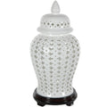 Oriental Furniture 16 Carved Lattice Decorative Temple Jar, White